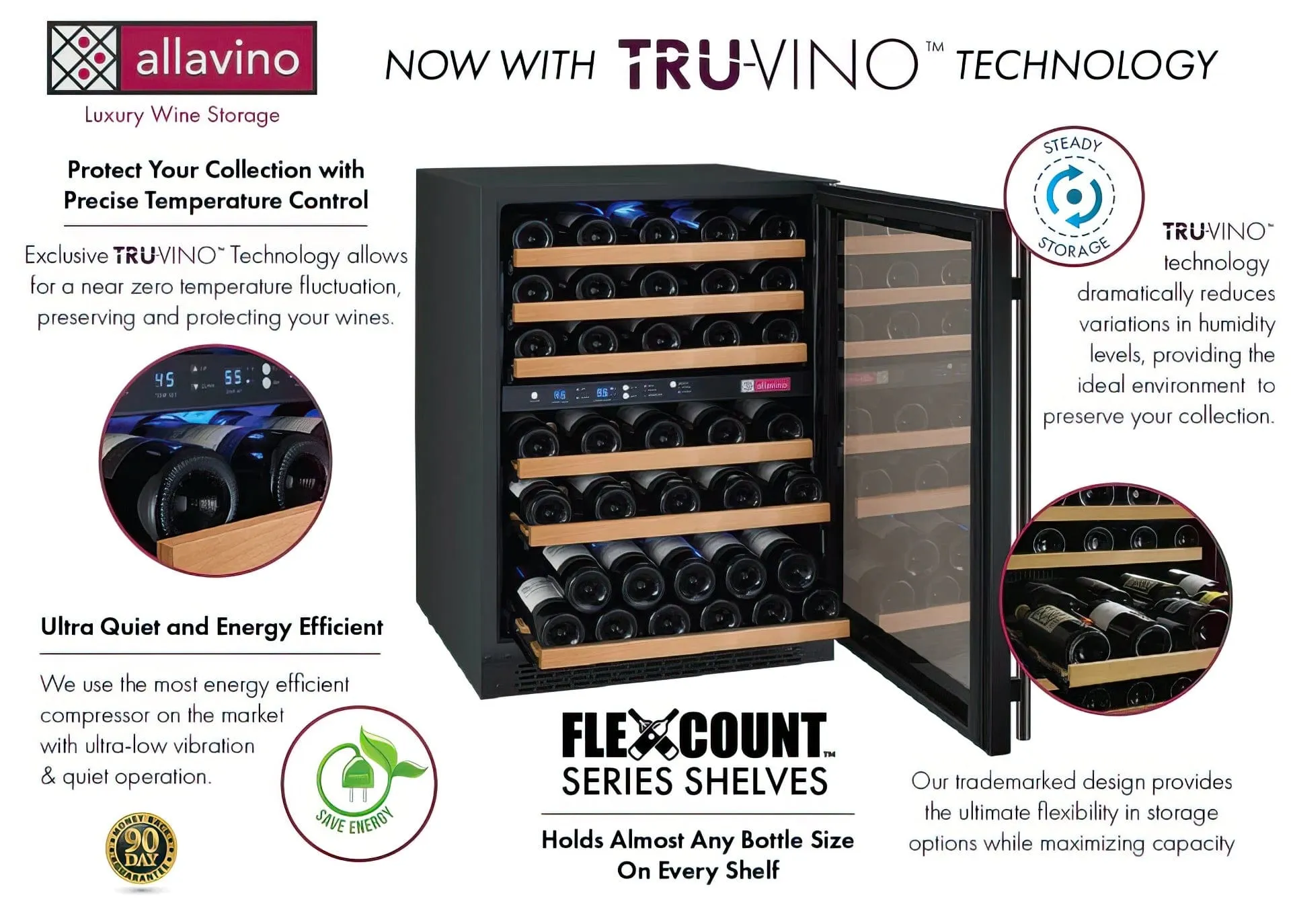 24" Wide FlexCount II Tru-Vino 56 Bottle Dual Zone Black Right Hinge Wine Refrigerator