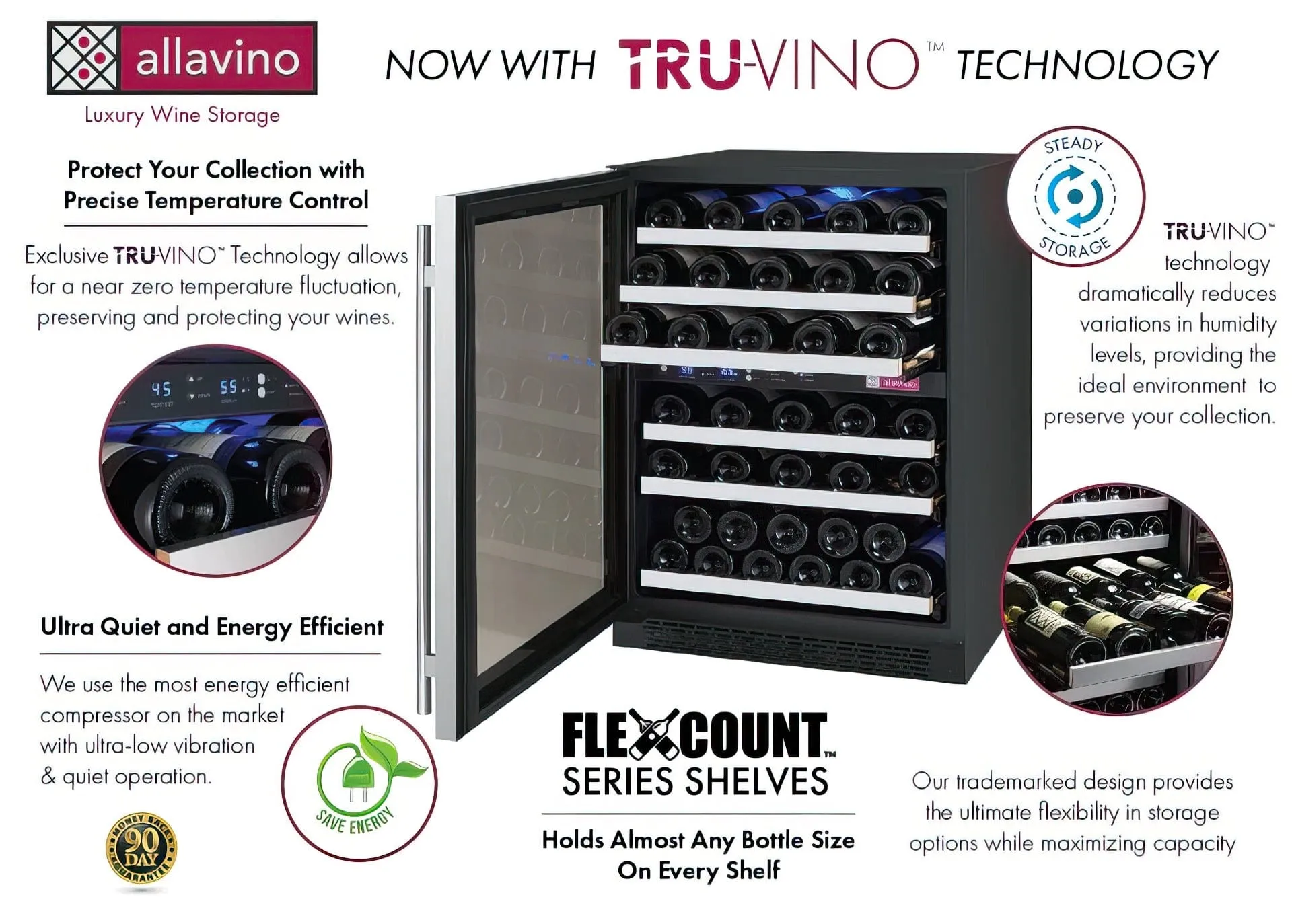 24" Wide FlexCount II Tru-Vino 56 Bottle Dual Zone Stainless Steel Left Hinge Wine Refrigerator