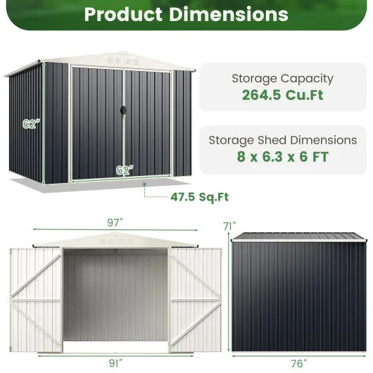 8 x 6.3 FT Metal Outdoor Storage Shed with Lockable Door-Gray