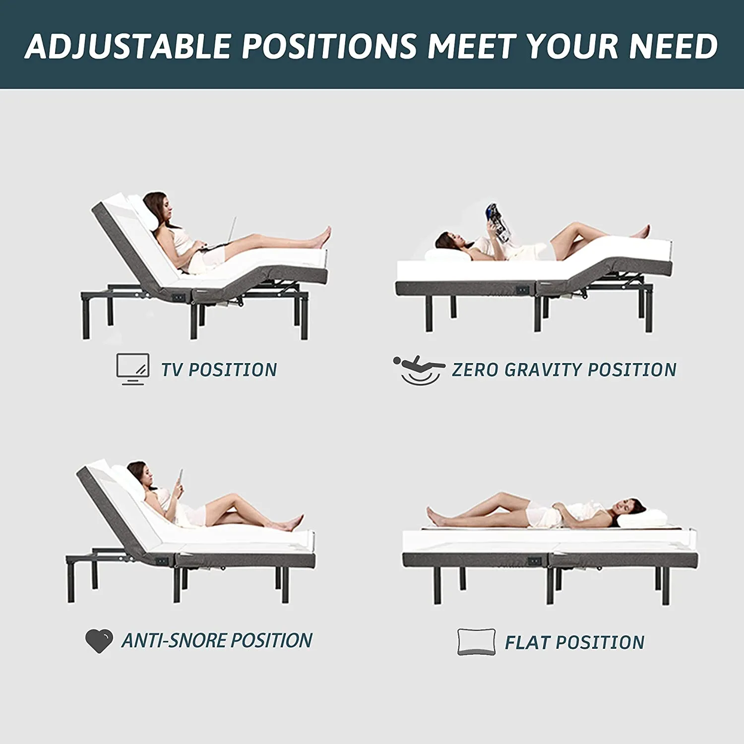 Adjustable Bed Frame Twin XL Electric Massage Adjustable Bed Base Independent Head & Foot Incline Wireless Remote Control