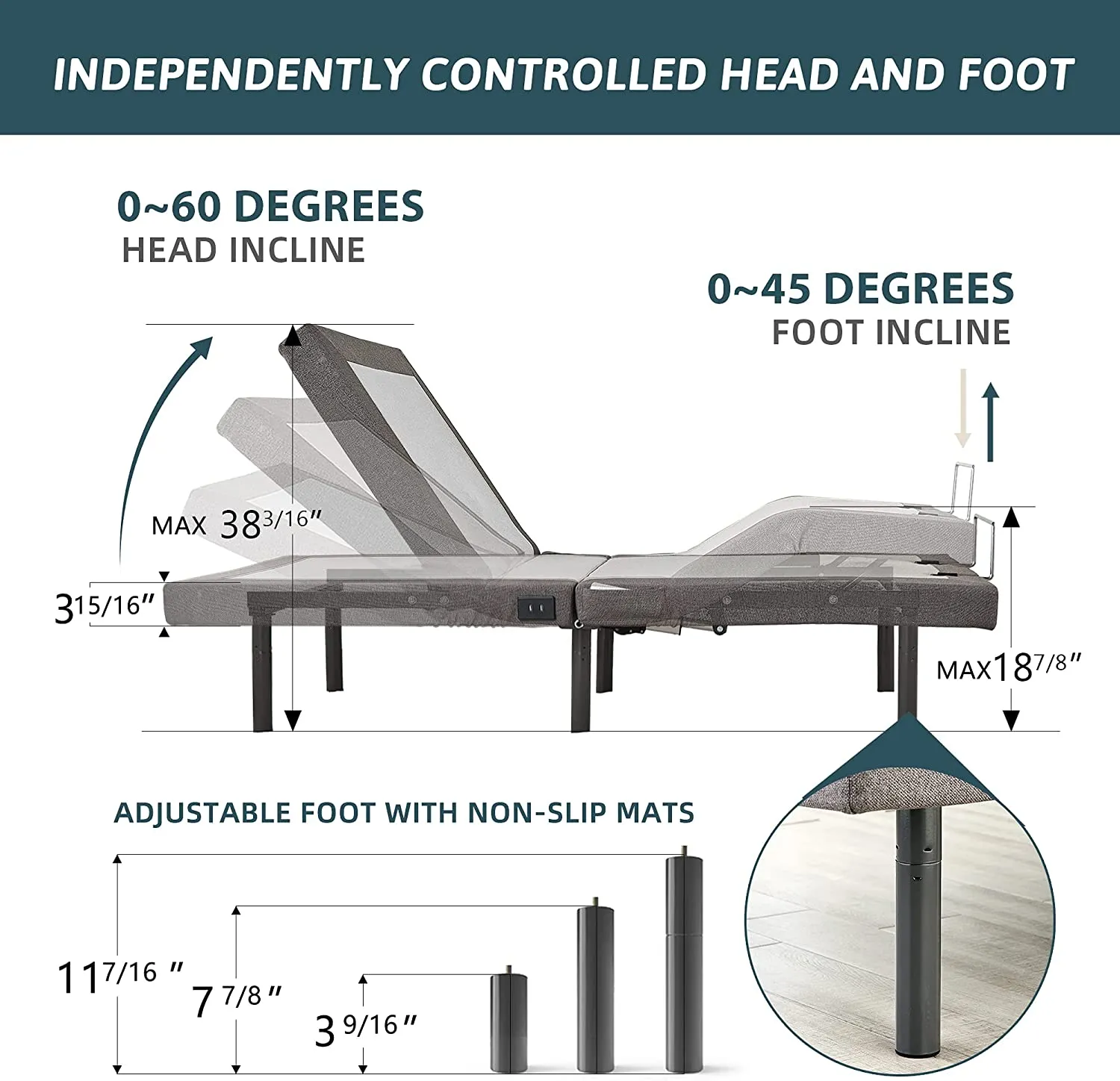 Adjustable Bed Frame Twin XL Electric Massage Adjustable Bed Base Independent Head & Foot Incline Wireless Remote Control