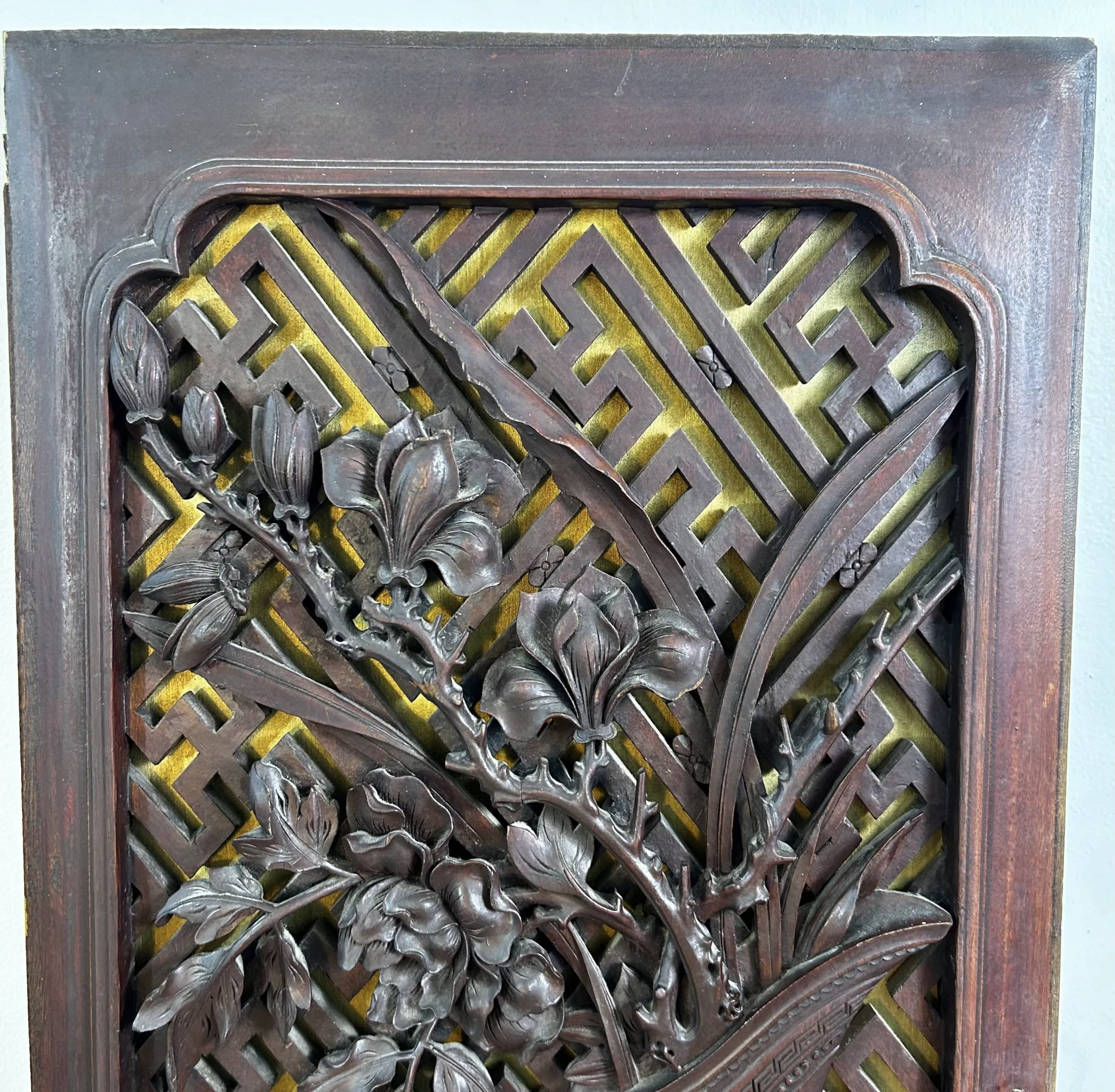 Antique Asian Hand Carved Wood Cabinet Doors, Pair, Hung as Art