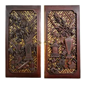 Antique Asian Hand Carved Wood Cabinet Doors, Pair, Hung as Art