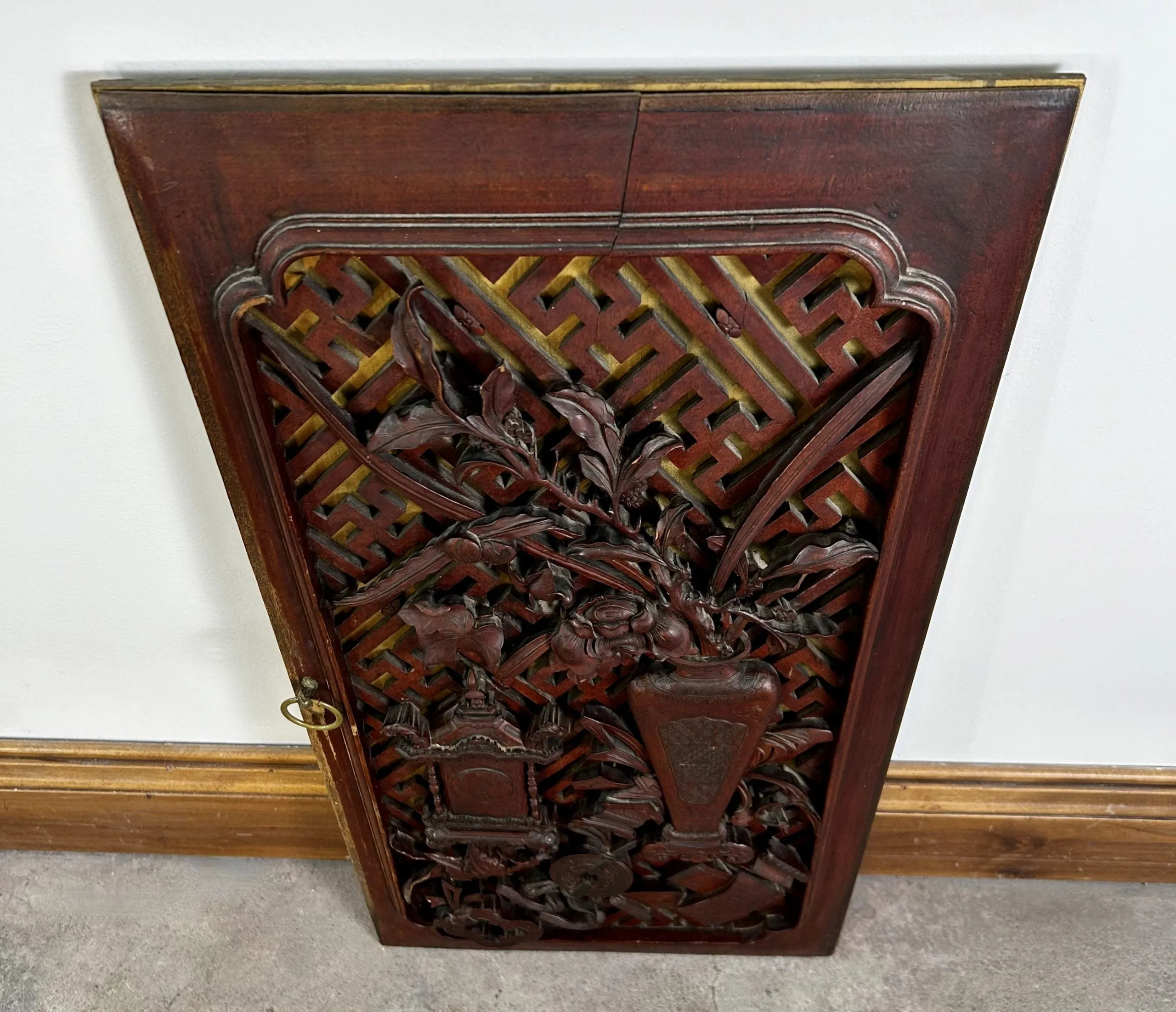 Antique Asian Hand Carved Wood Cabinet Doors, Pair, Hung as Art