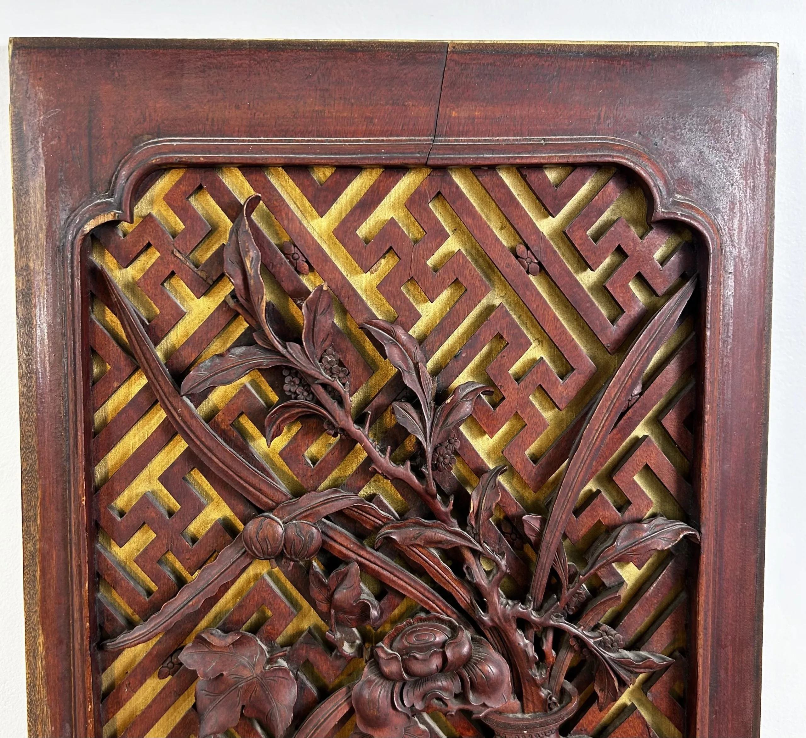 Antique Asian Hand Carved Wood Cabinet Doors, Pair, Hung as Art