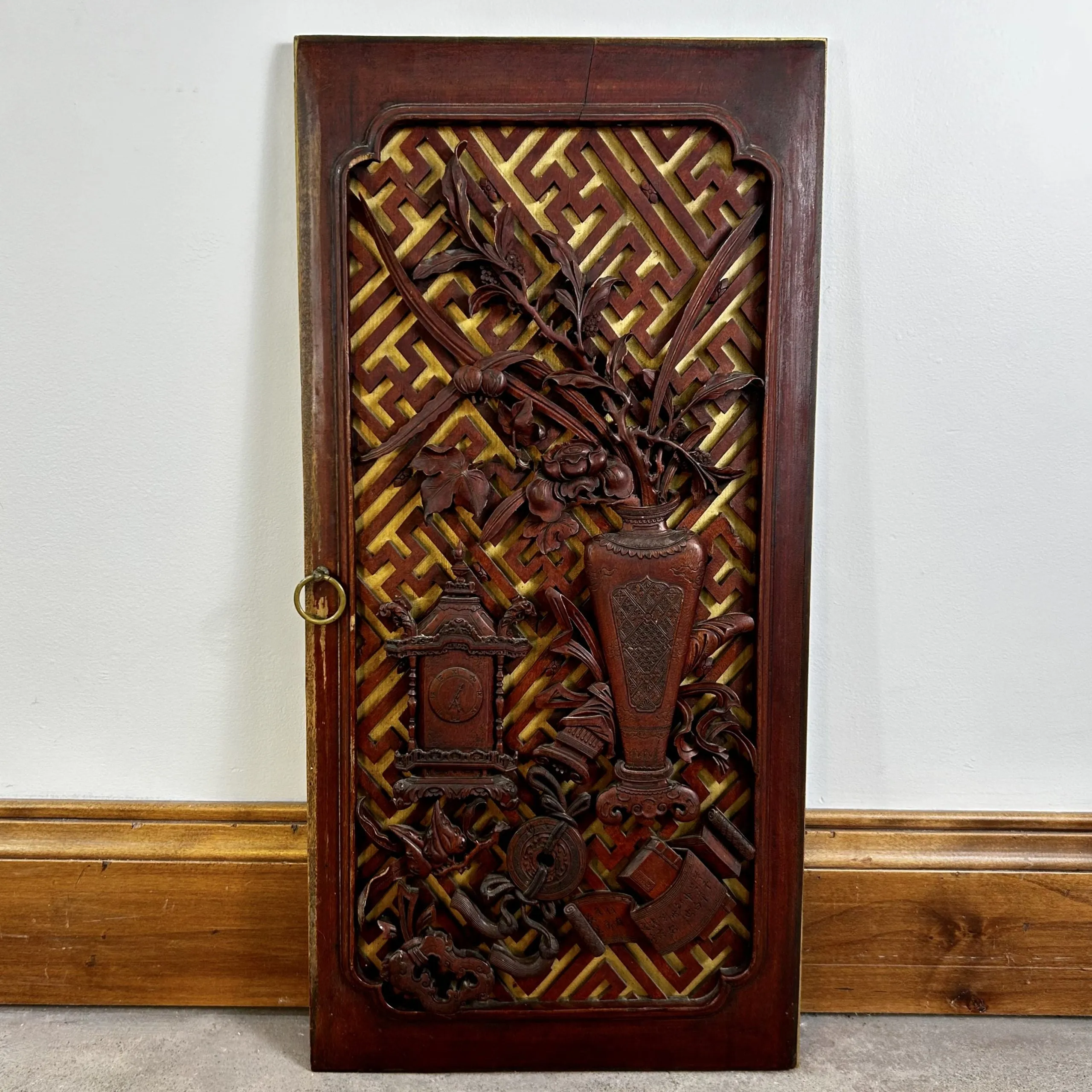 Antique Asian Hand Carved Wood Cabinet Doors, Pair, Hung as Art