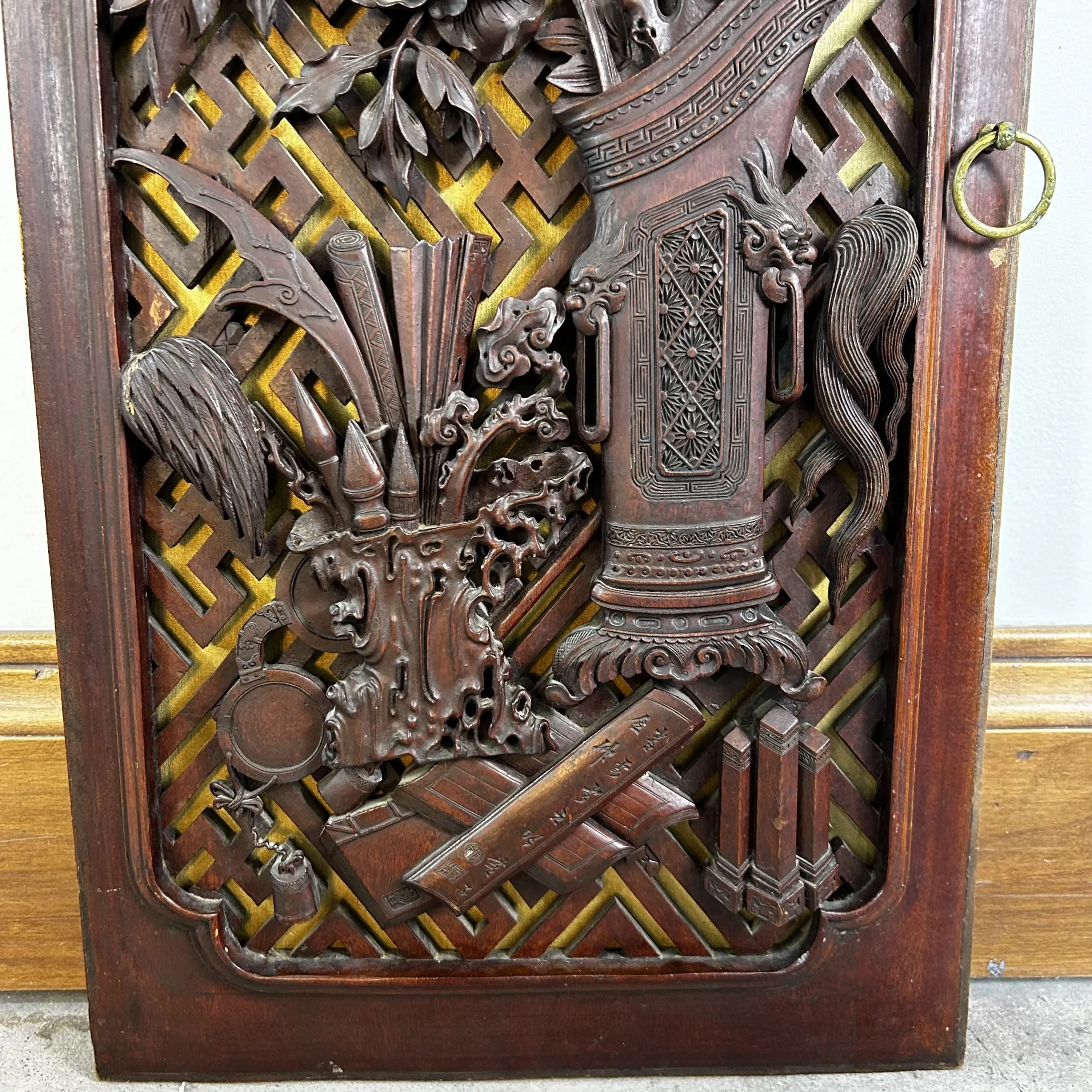 Antique Asian Hand Carved Wood Cabinet Doors, Pair, Hung as Art