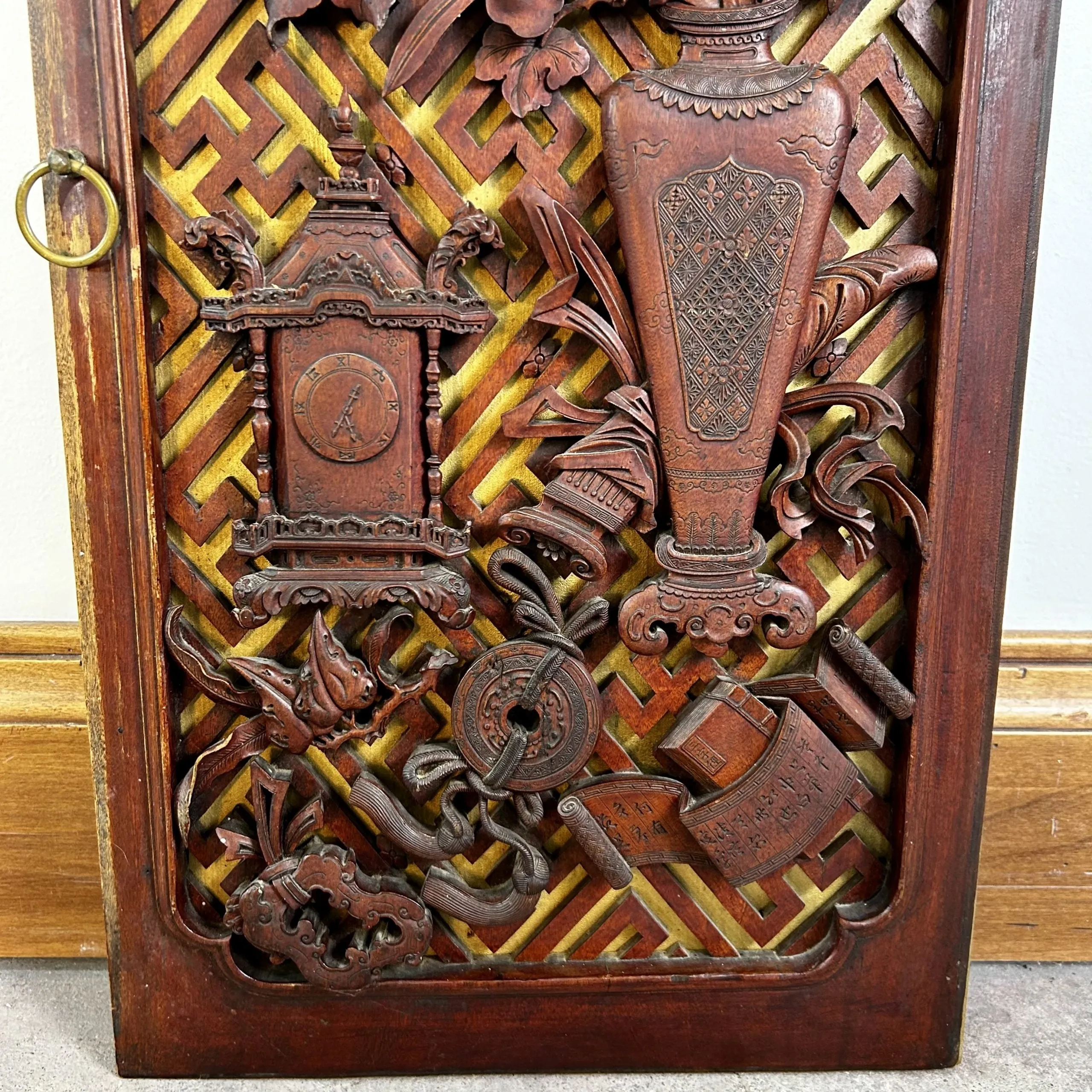 Antique Asian Hand Carved Wood Cabinet Doors, Pair, Hung as Art
