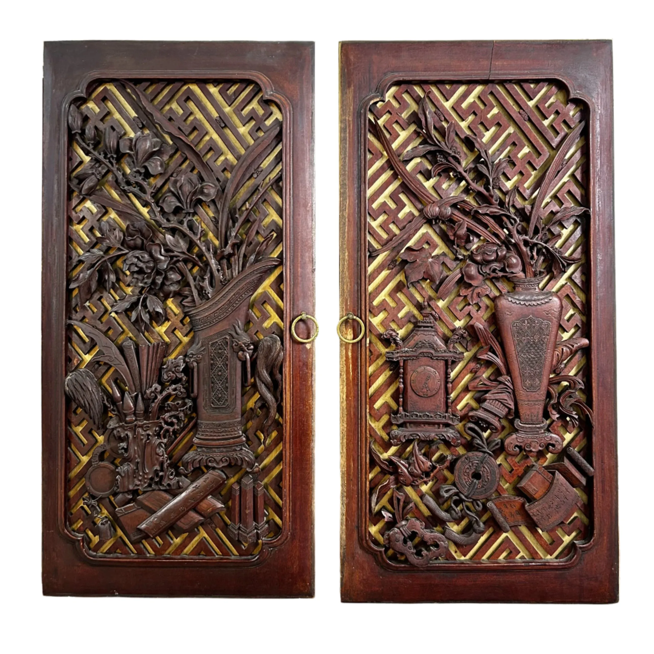 Antique Asian Hand Carved Wood Cabinet Doors, Pair, Hung as Art
