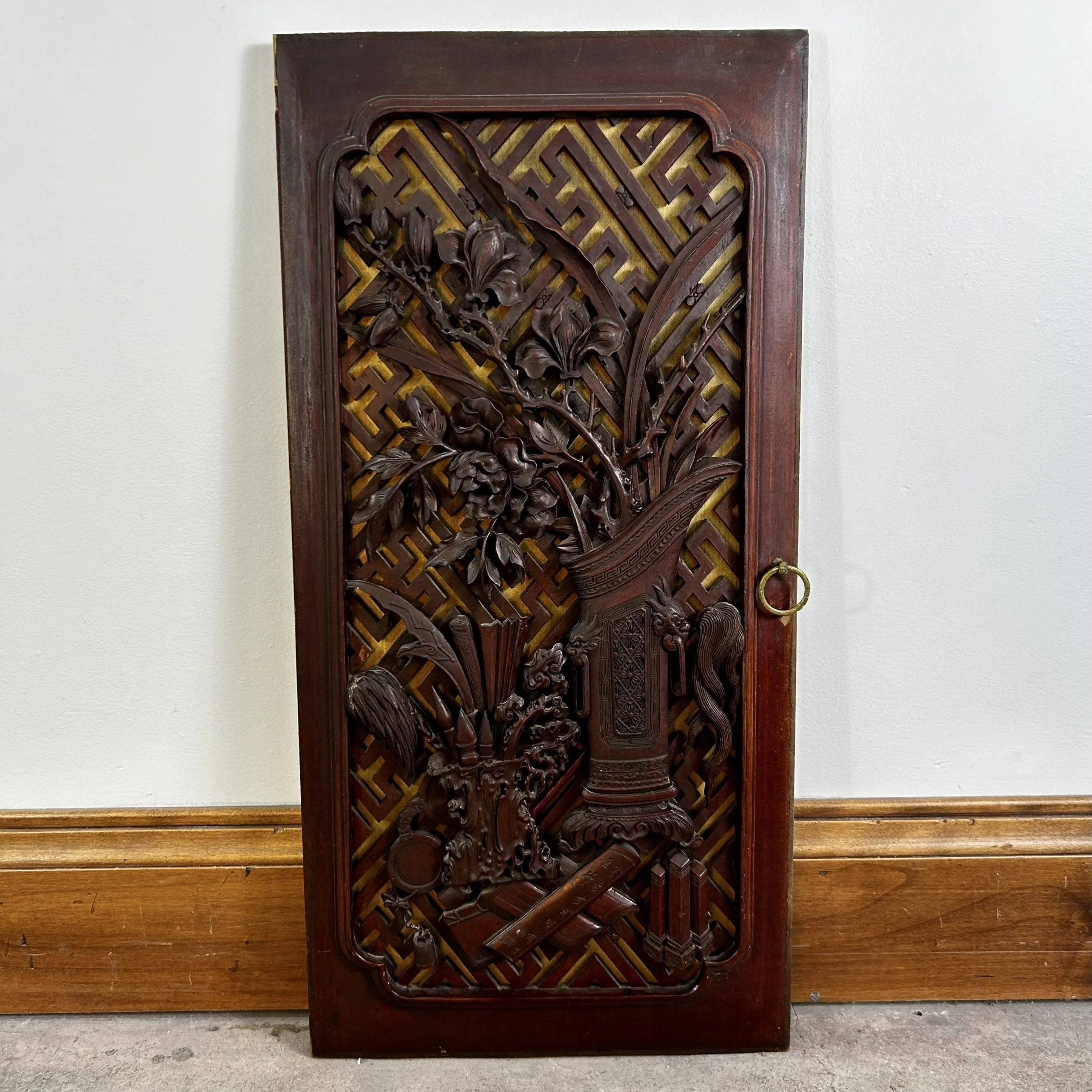 Antique Asian Hand Carved Wood Cabinet Doors, Pair, Hung as Art