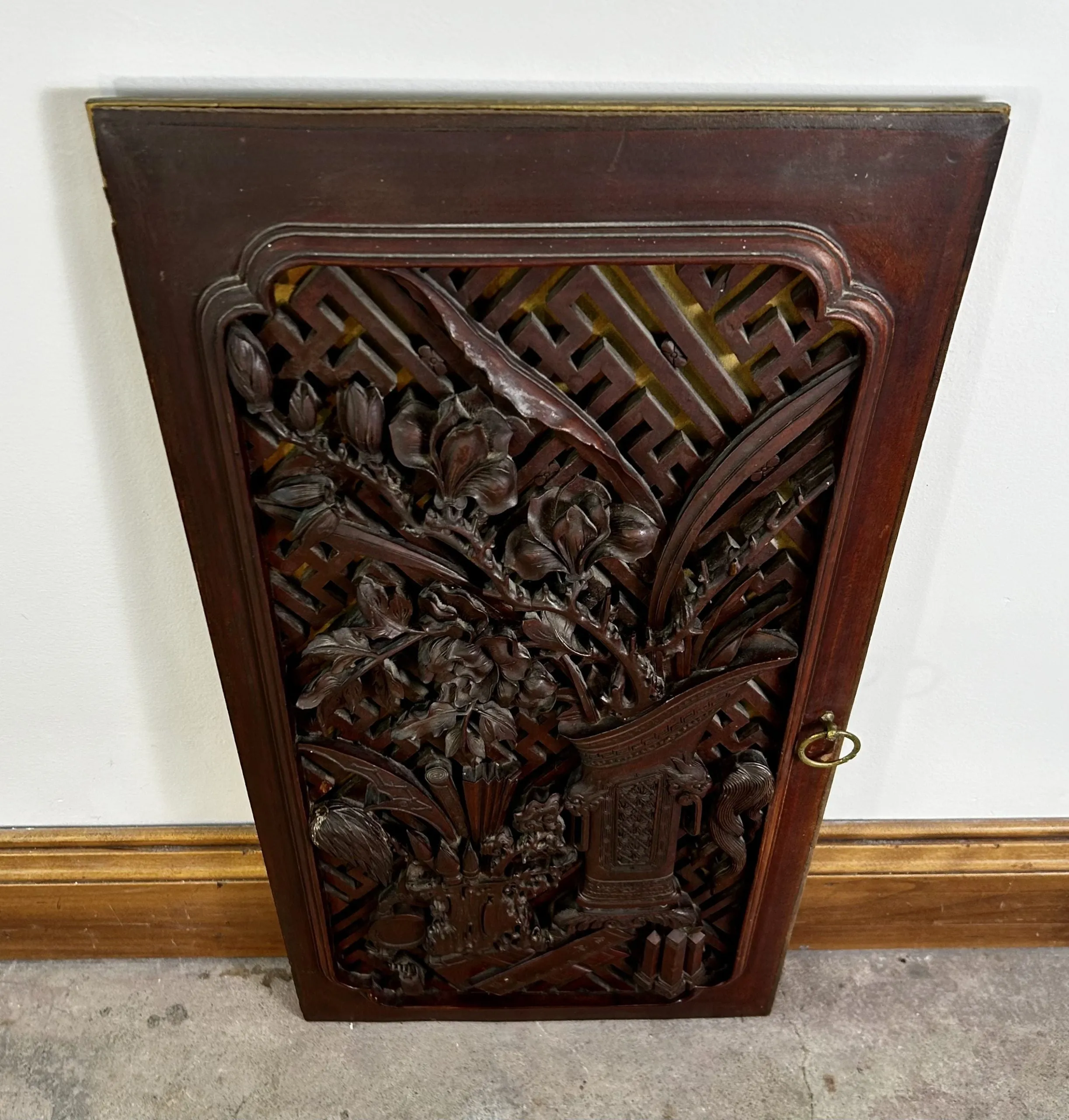 Antique Asian Hand Carved Wood Cabinet Doors, Pair, Hung as Art