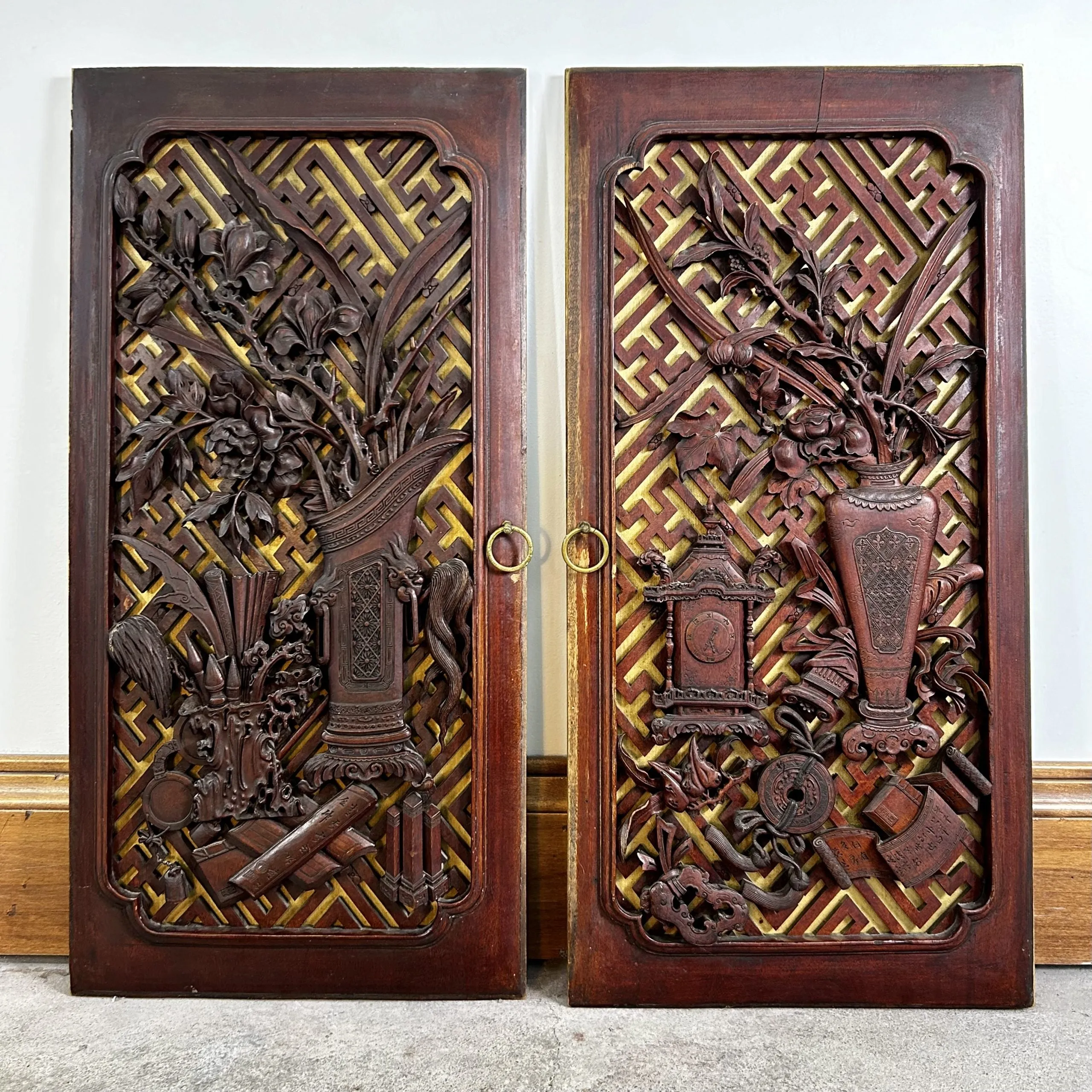 Antique Asian Hand Carved Wood Cabinet Doors, Pair, Hung as Art