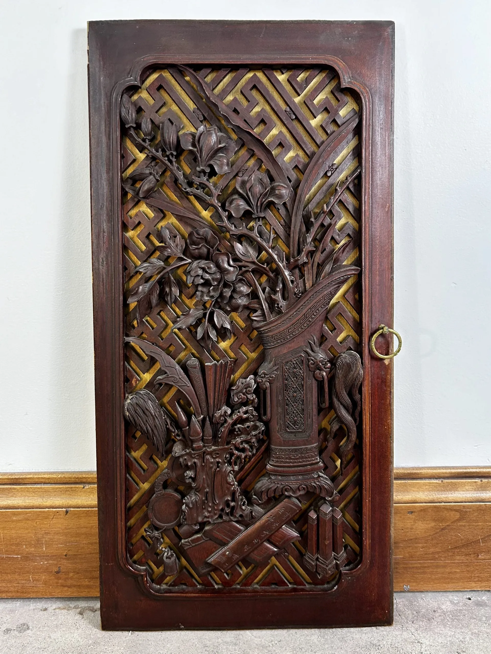 Antique Asian Hand Carved Wood Cabinet Doors, Pair, Hung as Art