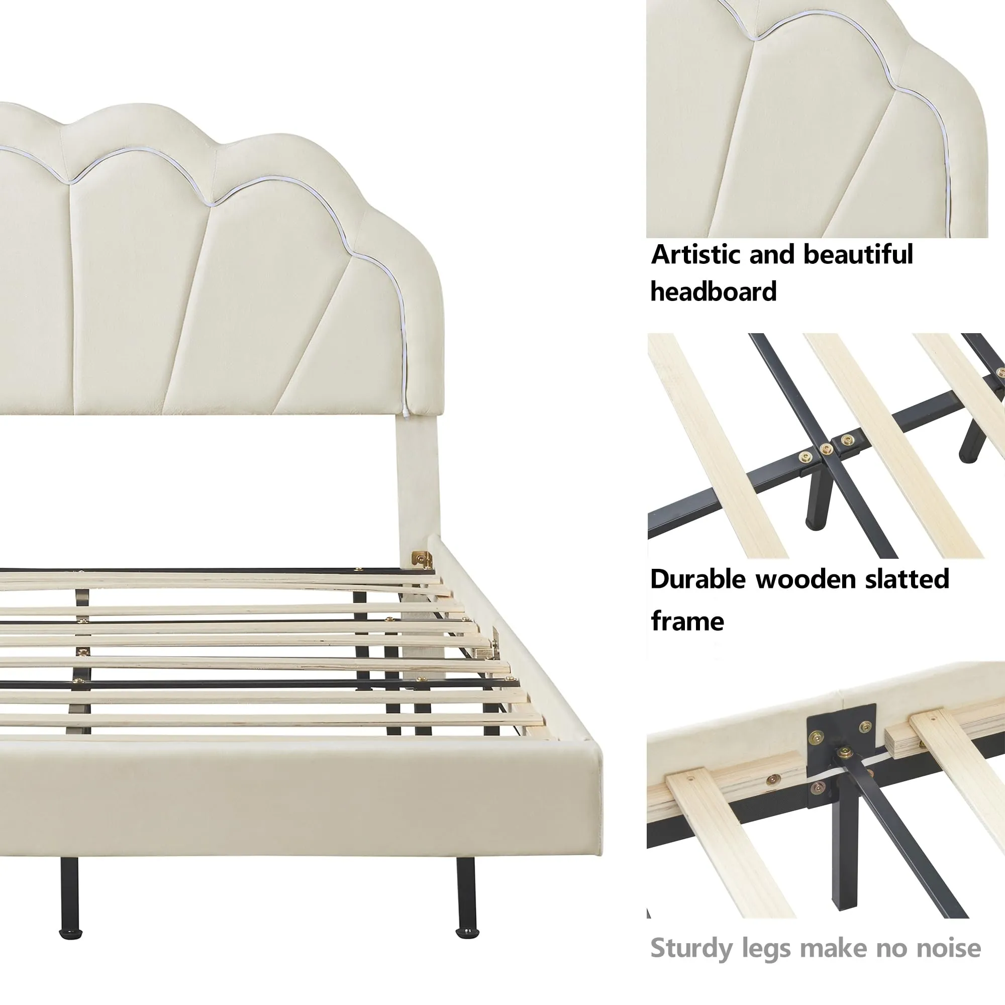 Bellemave Queen Upholstered Bed with Smart LED, Floating Velvet Platform Bed with Flowers Headboard & Wooden Slats Support (Queen Size, Beige)