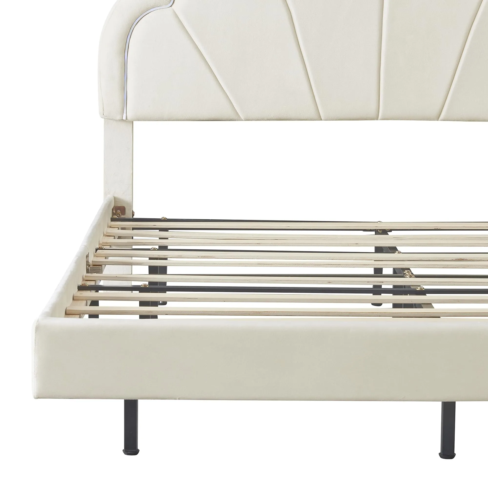 Bellemave Queen Upholstered Bed with Smart LED, Floating Velvet Platform Bed with Flowers Headboard & Wooden Slats Support (Queen Size, Beige)