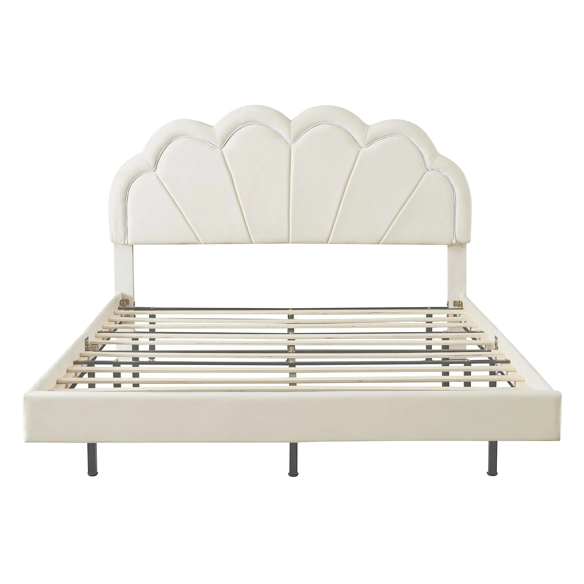Bellemave Queen Upholstered Bed with Smart LED, Floating Velvet Platform Bed with Flowers Headboard & Wooden Slats Support (Queen Size, Beige)
