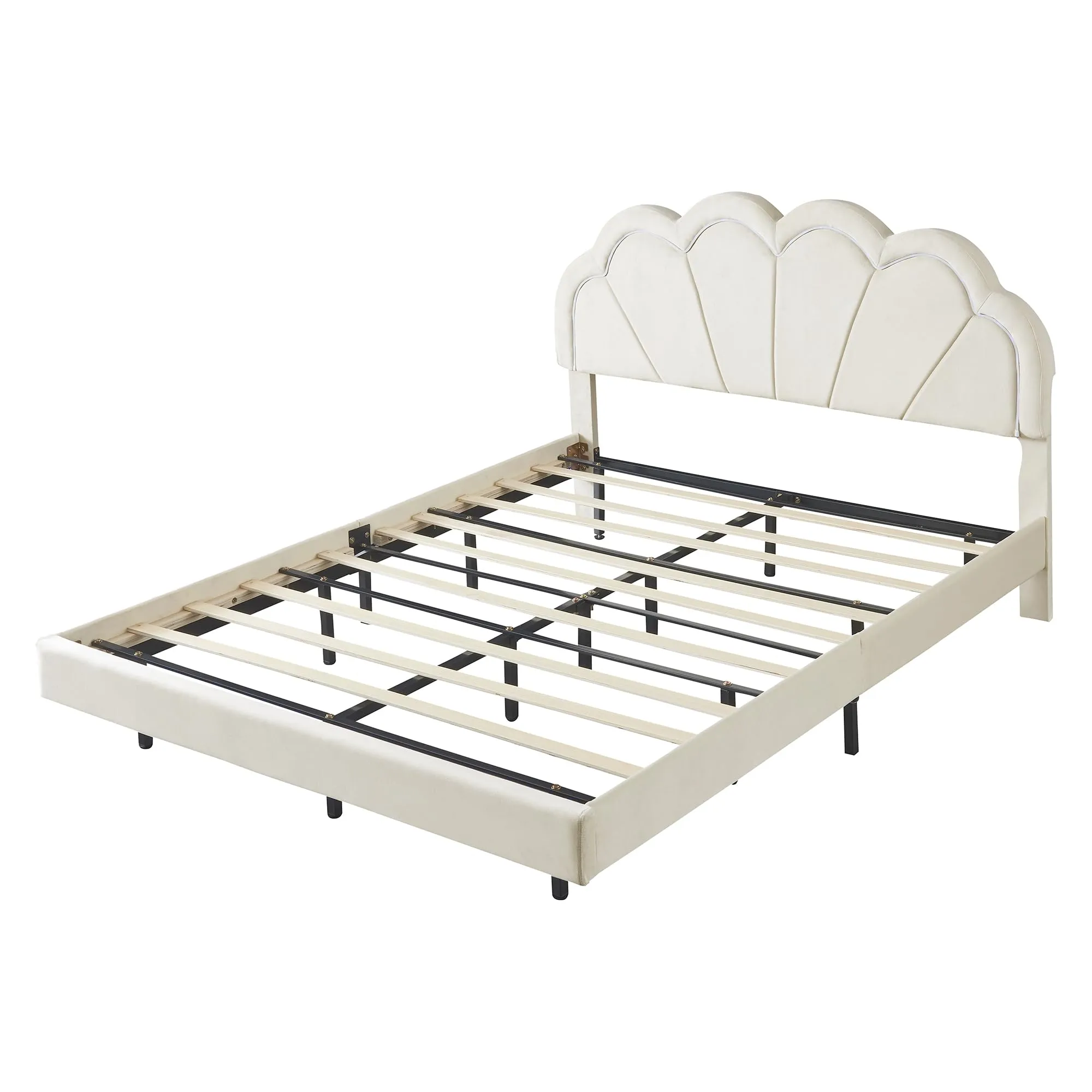 Bellemave Queen Upholstered Bed with Smart LED, Floating Velvet Platform Bed with Flowers Headboard & Wooden Slats Support (Queen Size, Beige)