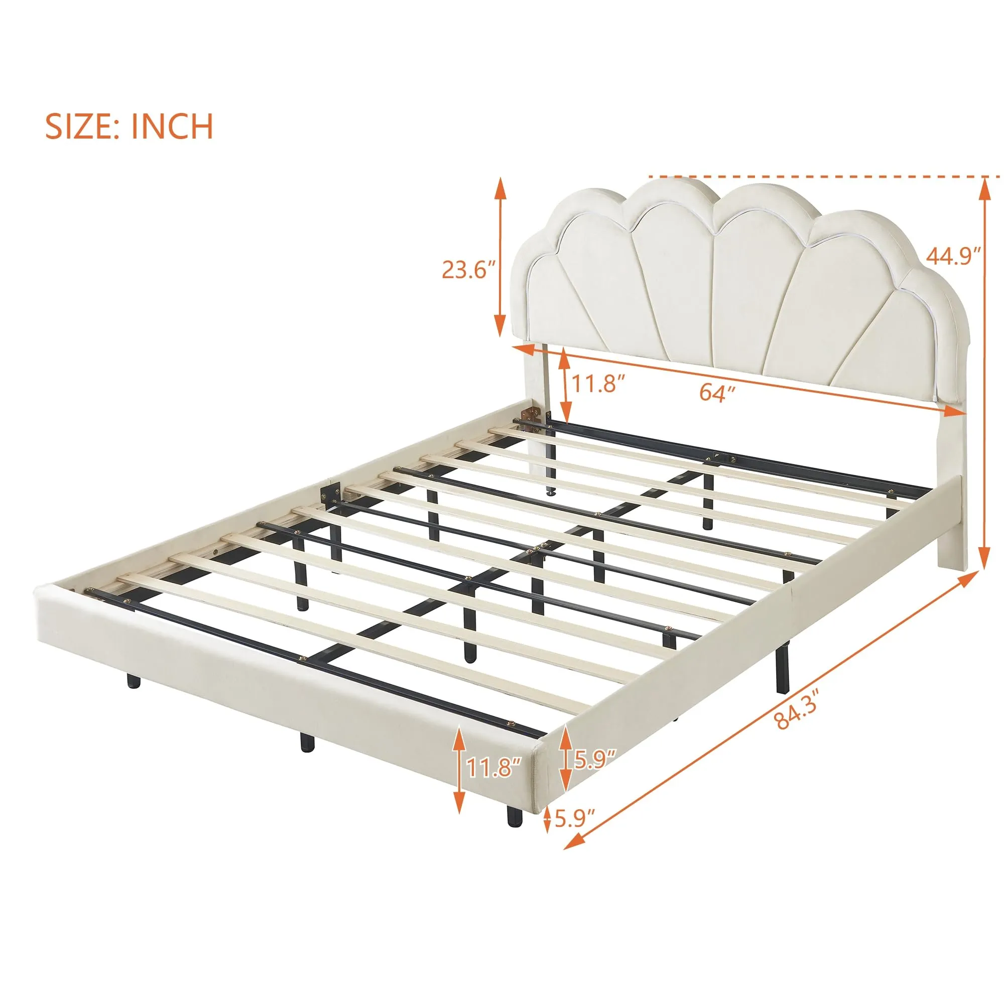 Bellemave Queen Upholstered Bed with Smart LED, Floating Velvet Platform Bed with Flowers Headboard & Wooden Slats Support (Queen Size, Beige)