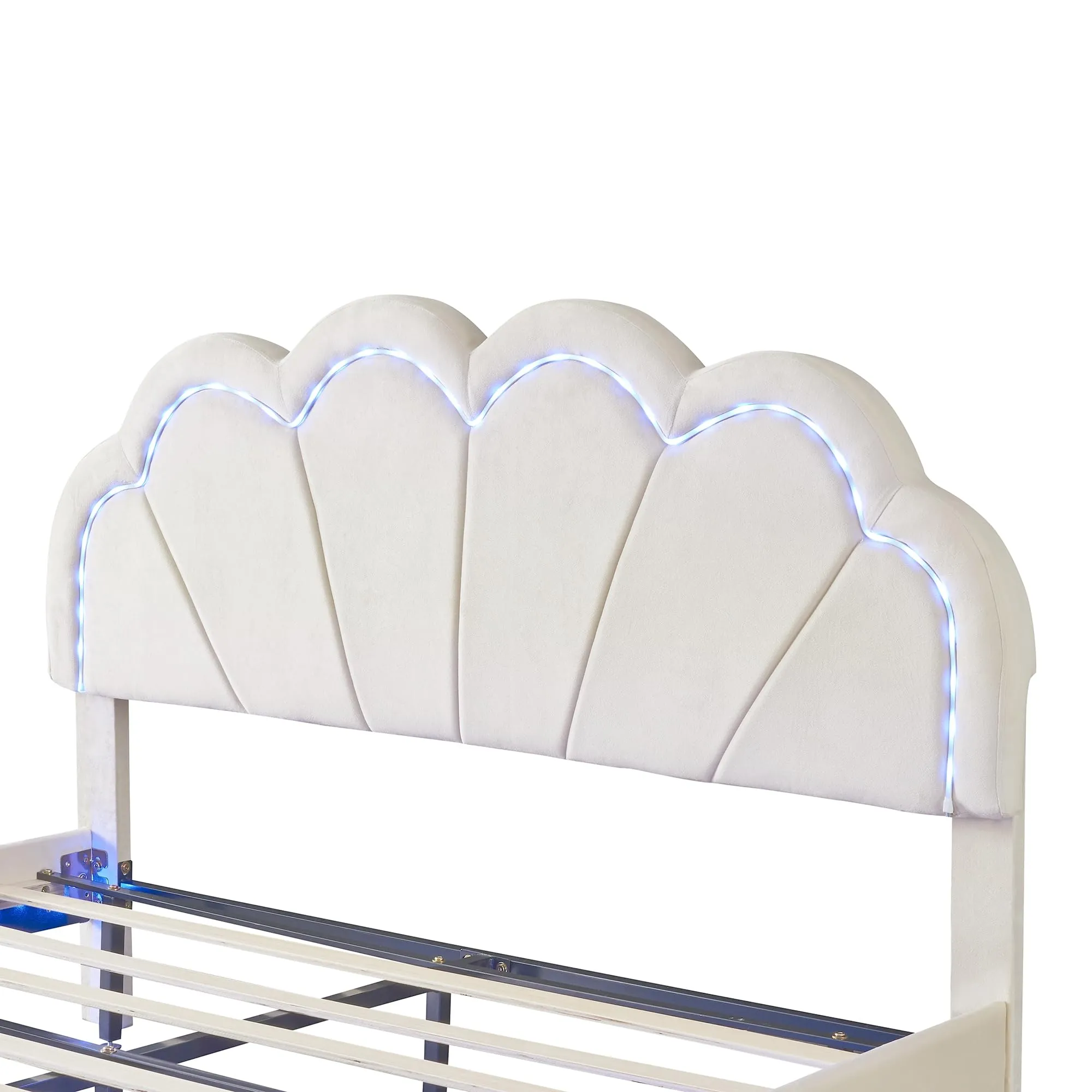 Bellemave Queen Upholstered Bed with Smart LED, Floating Velvet Platform Bed with Flowers Headboard & Wooden Slats Support (Queen Size, Beige)