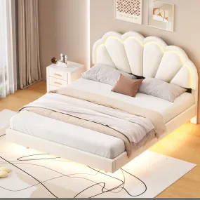 Bellemave Queen Upholstered Bed with Smart LED, Floating Velvet Platform Bed with Flowers Headboard & Wooden Slats Support (Queen Size, Beige)
