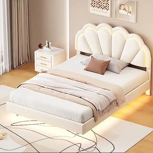 Bellemave Upholstered Platform Bed with LED Lights, Velvet Bed Frame with Flowers Headboard and Wooden Slats Support, Upholstered Smart LED Bed Frame for Adults and Kid (White, Full Size)