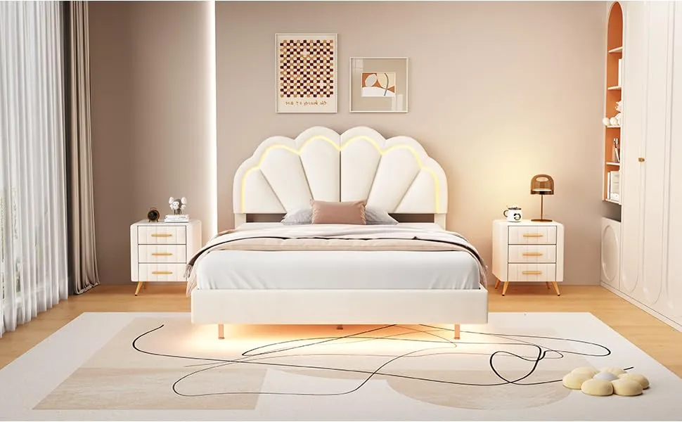 Bellemave Upholstered Platform Bed with LED Lights, Velvet Bed Frame with Flowers Headboard and Wooden Slats Support, Upholstered Smart LED Bed Frame for Adults and Kid (White, Full Size)