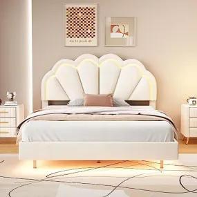 Bellemave Upholstered Platform Bed with LED Lights, Velvet Bed Frame with Flowers Headboard and Wooden Slats Support, Upholstered Smart LED Bed Frame for Adults and Kid (White, Full Size)
