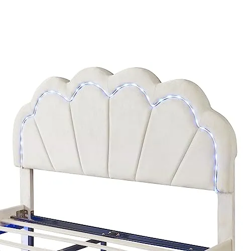 Bellemave Upholstered Platform Bed with LED Lights, Velvet Bed Frame with Flowers Headboard and Wooden Slats Support, Upholstered Smart LED Bed Frame for Adults and Kid (White, Full Size)
