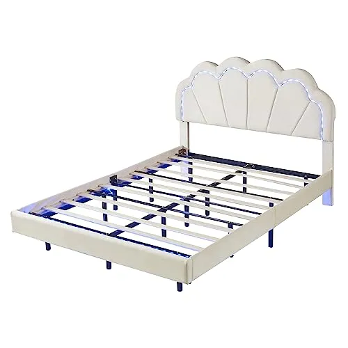 Bellemave Upholstered Platform Bed with LED Lights, Velvet Bed Frame with Flowers Headboard and Wooden Slats Support, Upholstered Smart LED Bed Frame for Adults and Kid (White, Full Size)