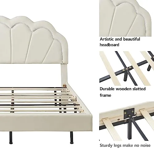 Bellemave Upholstered Platform Bed with LED Lights, Velvet Bed Frame with Flowers Headboard and Wooden Slats Support, Upholstered Smart LED Bed Frame for Adults and Kid (White, Full Size)