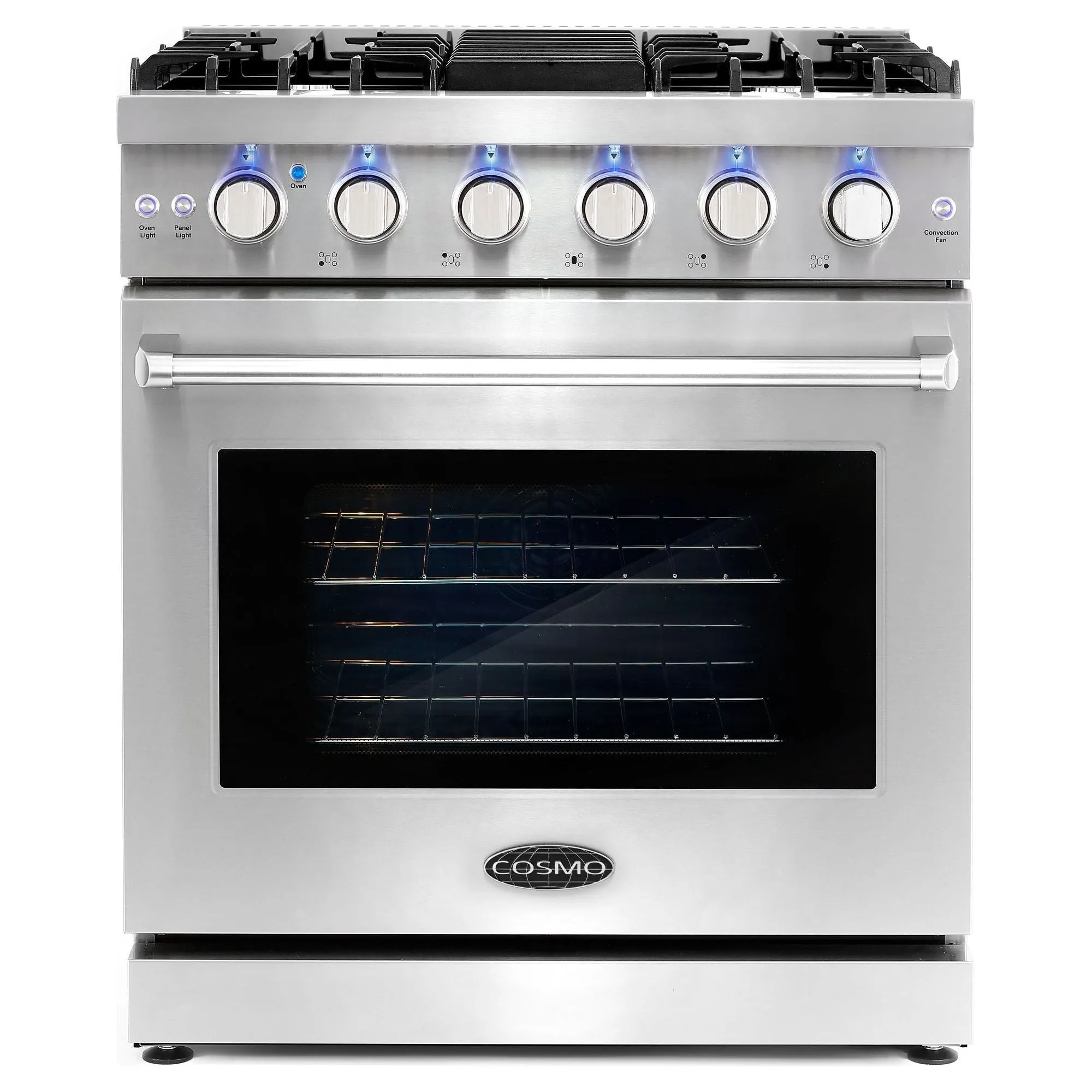 Cosmo 30'' Slide-In Freestanding Gas Range with 5 Sealed Burners, Cast Iron Grates, 4.5 cu. ft. Capacity Convection Oven in Stainless Steel COS-EPGR304