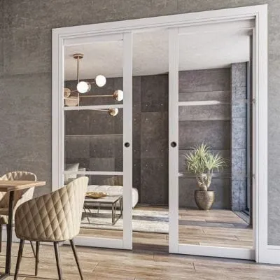 Double Pocket Door Sliding Kit   Handle & Doorjamb 100mm Oak Frame   Satin Chrome Hardware - All Sizes
