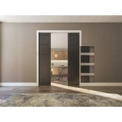 Double Pocket Door Sliding Kit   Handle & Doorjamb 100mm Oak Frame   Satin Chrome Hardware - All Sizes
