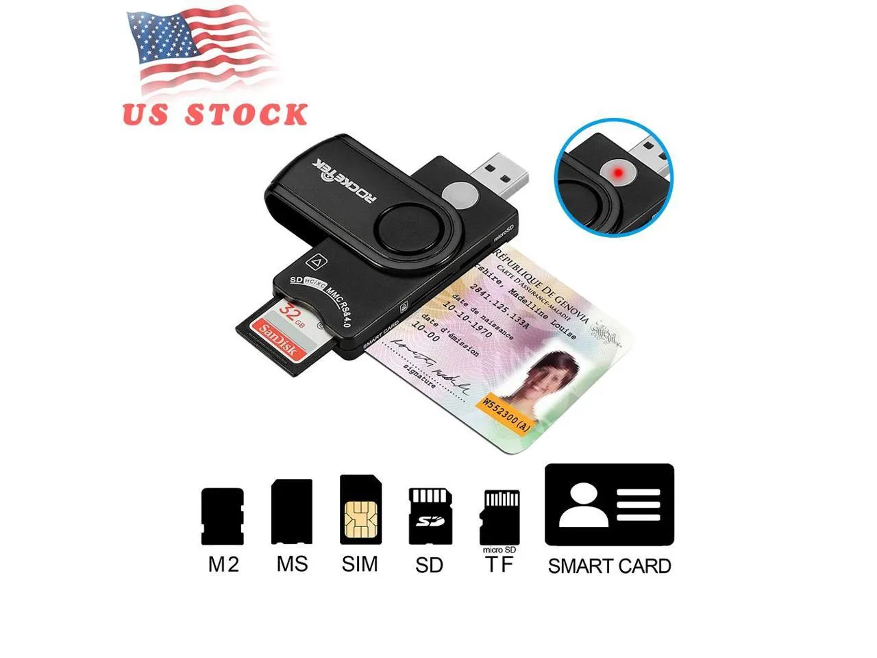 EC2WORLD USB Smart Card Reader, Rocketek Memory Card Reader with SDHC/SDXC/SD Card Reader & Micro SD Card Reader for SIM and MMC RS & 4.0 Compatible with Windows, Linux/Unix, MacOS X