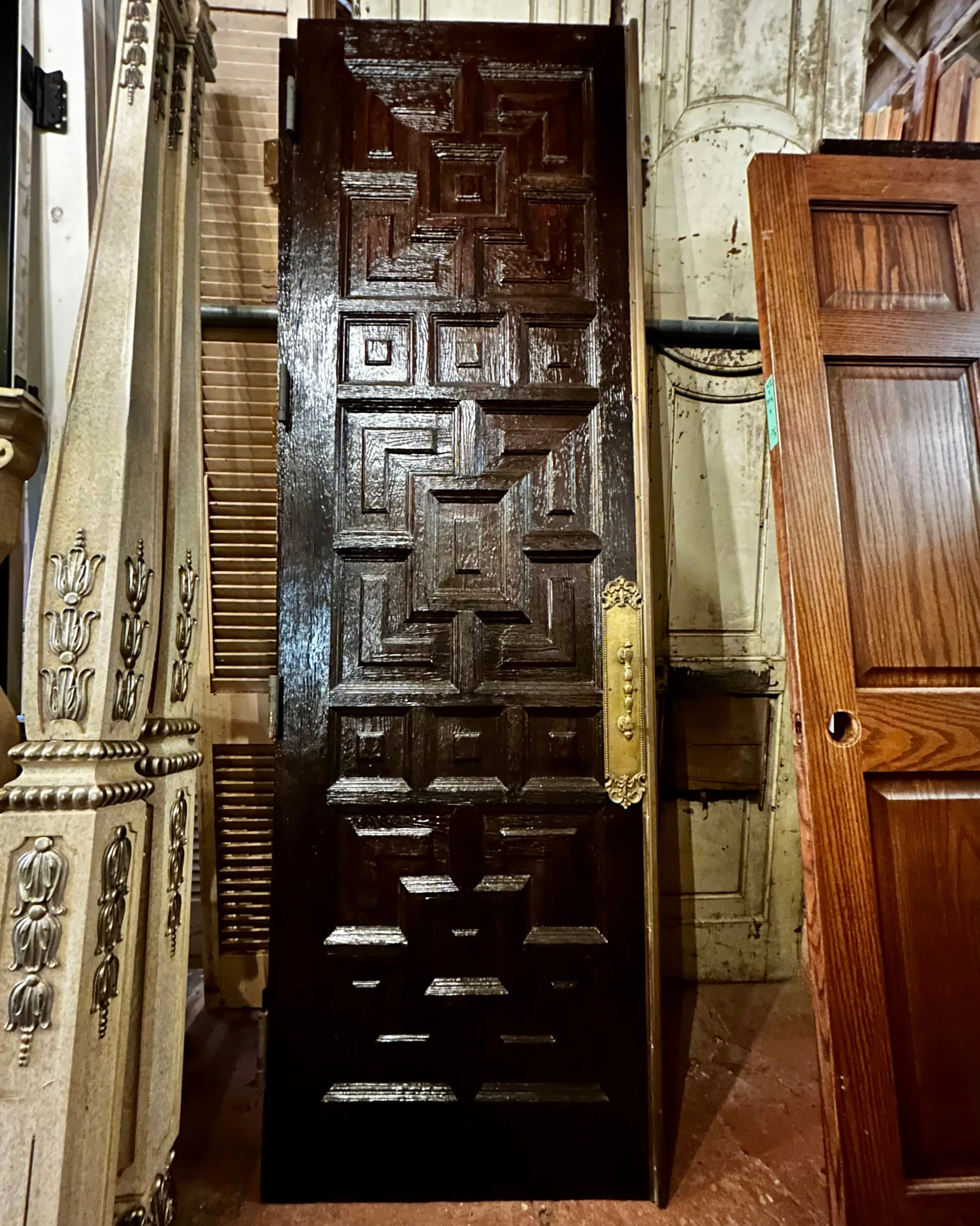 Entry Doors, Pair, Mid-Century, Dark Stained, Multi-Panel, Brass Hardware