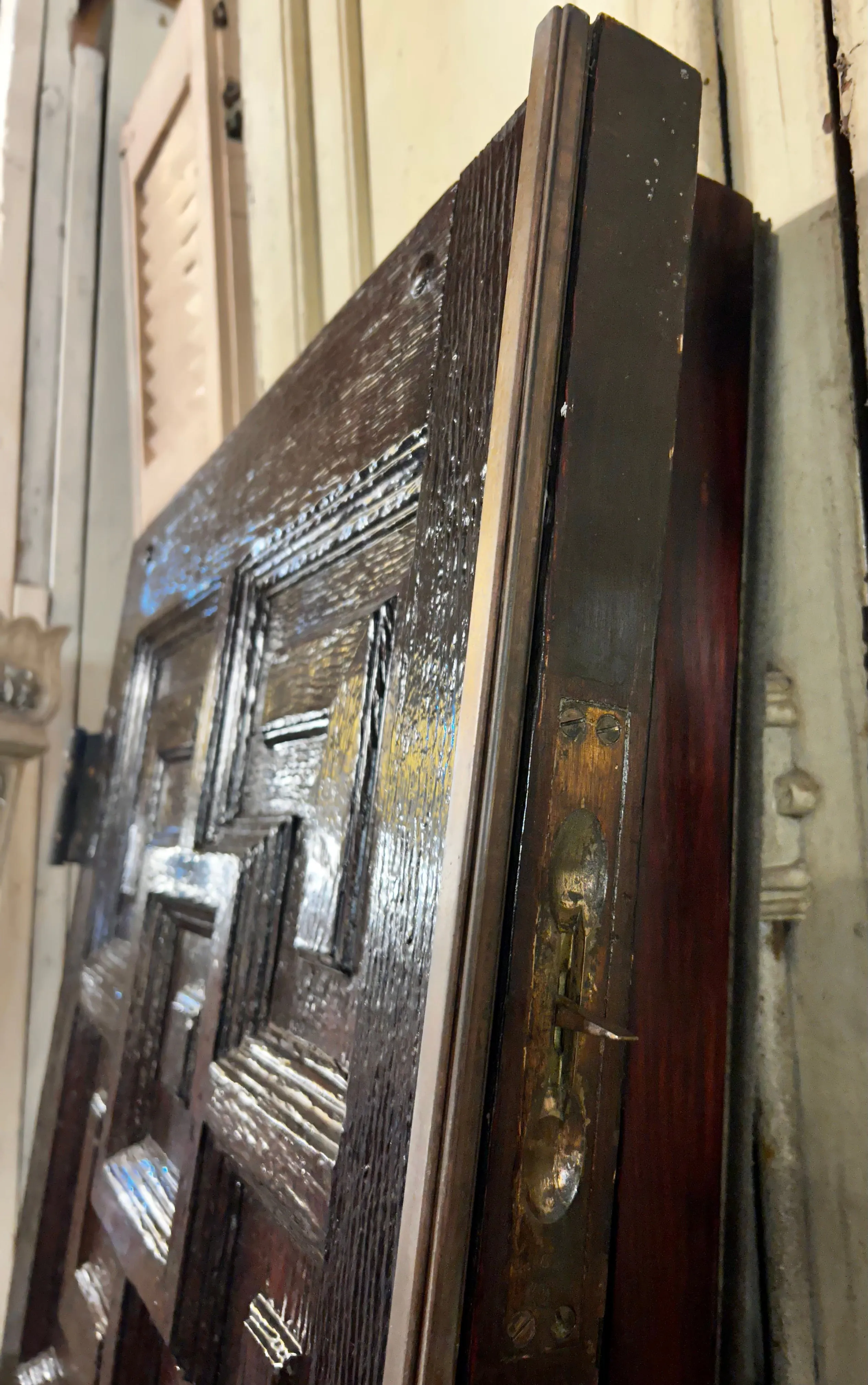 Entry Doors, Pair, Mid-Century, Dark Stained, Multi-Panel, Brass Hardware