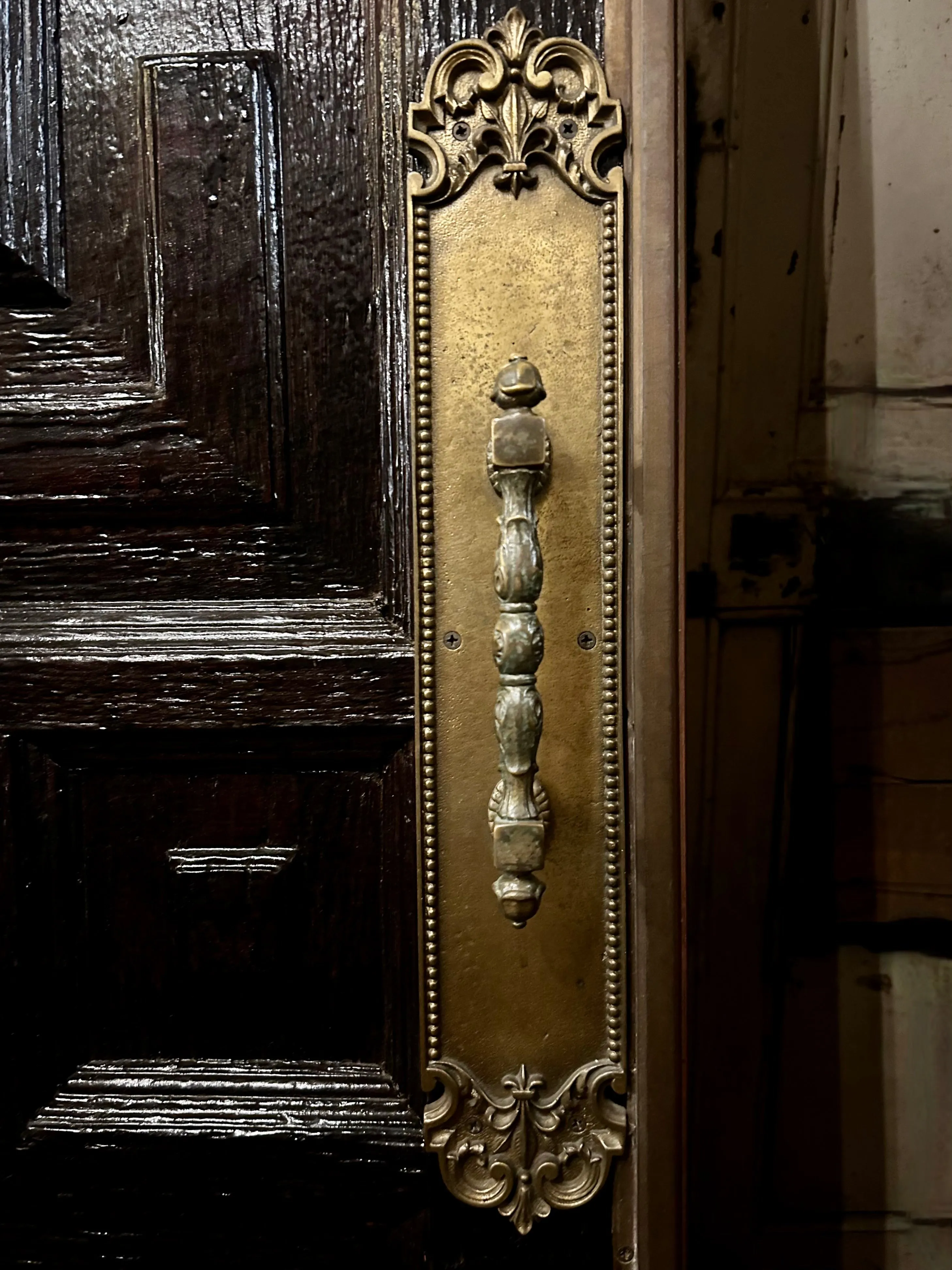 Entry Doors, Pair, Mid-Century, Dark Stained, Multi-Panel, Brass Hardware