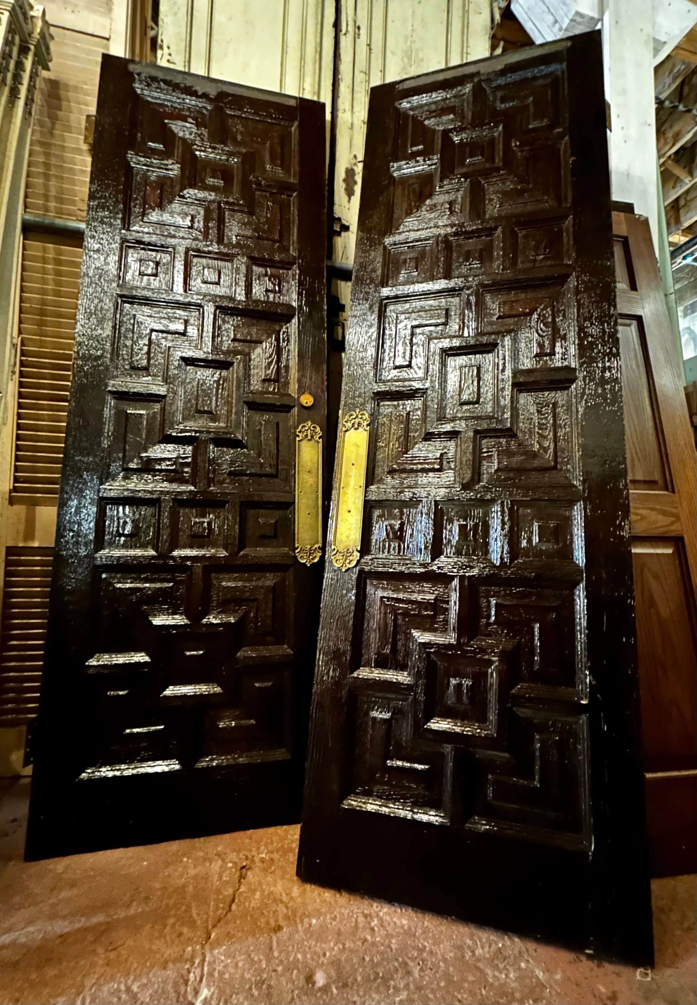 Entry Doors, Pair, Mid-Century, Dark Stained, Multi-Panel, Brass Hardware