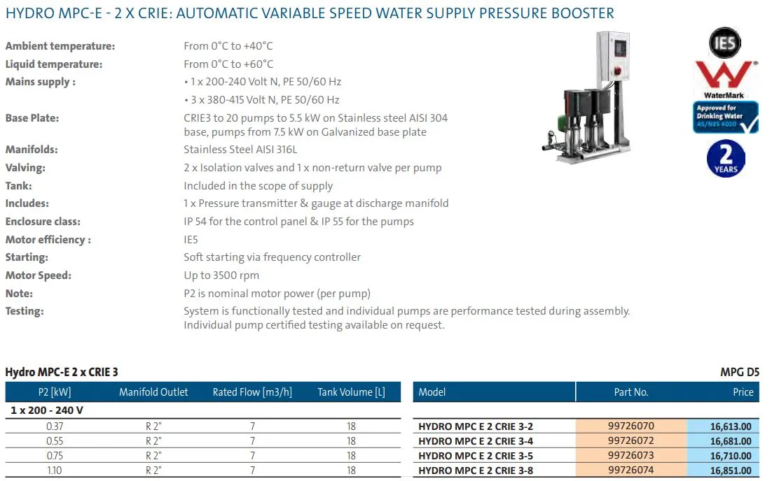 Grundfos Hydro MPC-E Dual CRIE 10 Automatic Variable Speed Pressure Boosting Pump Package (Max 500LPM)