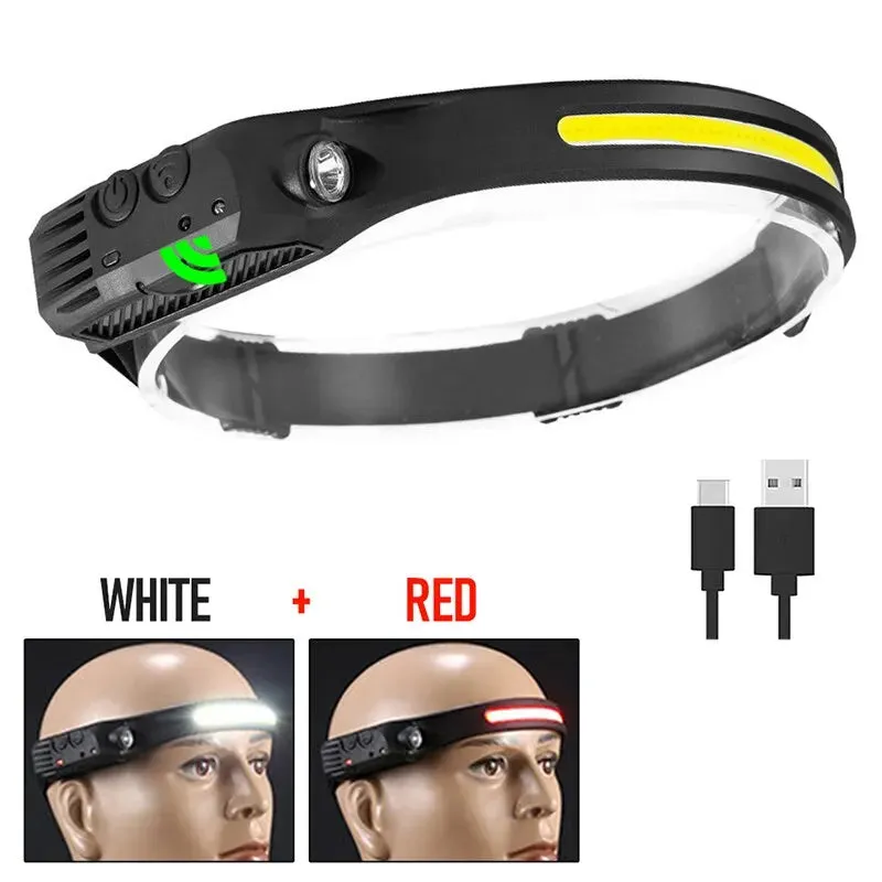 Hand Sweep Sensor Headlamp COB LED Flashlight USB Rechargeable 5 Lighting Modes Head Torch Camping Fishing Work Head Light