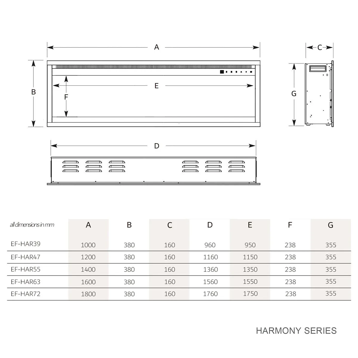 Harmony 1500W 72 inch Recessed / Wall Mounted Electric Fireplace