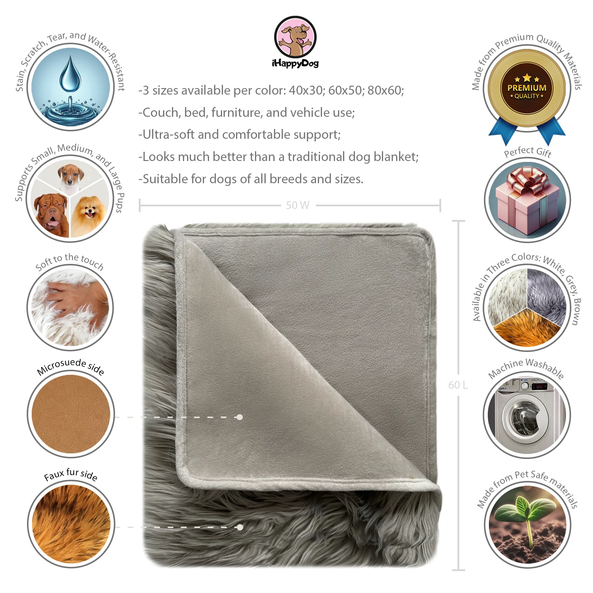 IHAPPYDOG Waterproof Faux Fur Dog Blanket, Plush Throw for Sleeping and Comfort, Couch Cover for Dogs, Pet Bed, Sofa, Car, Furniture Protector with Soft, Stain Resistant Surface, Machine Washable
