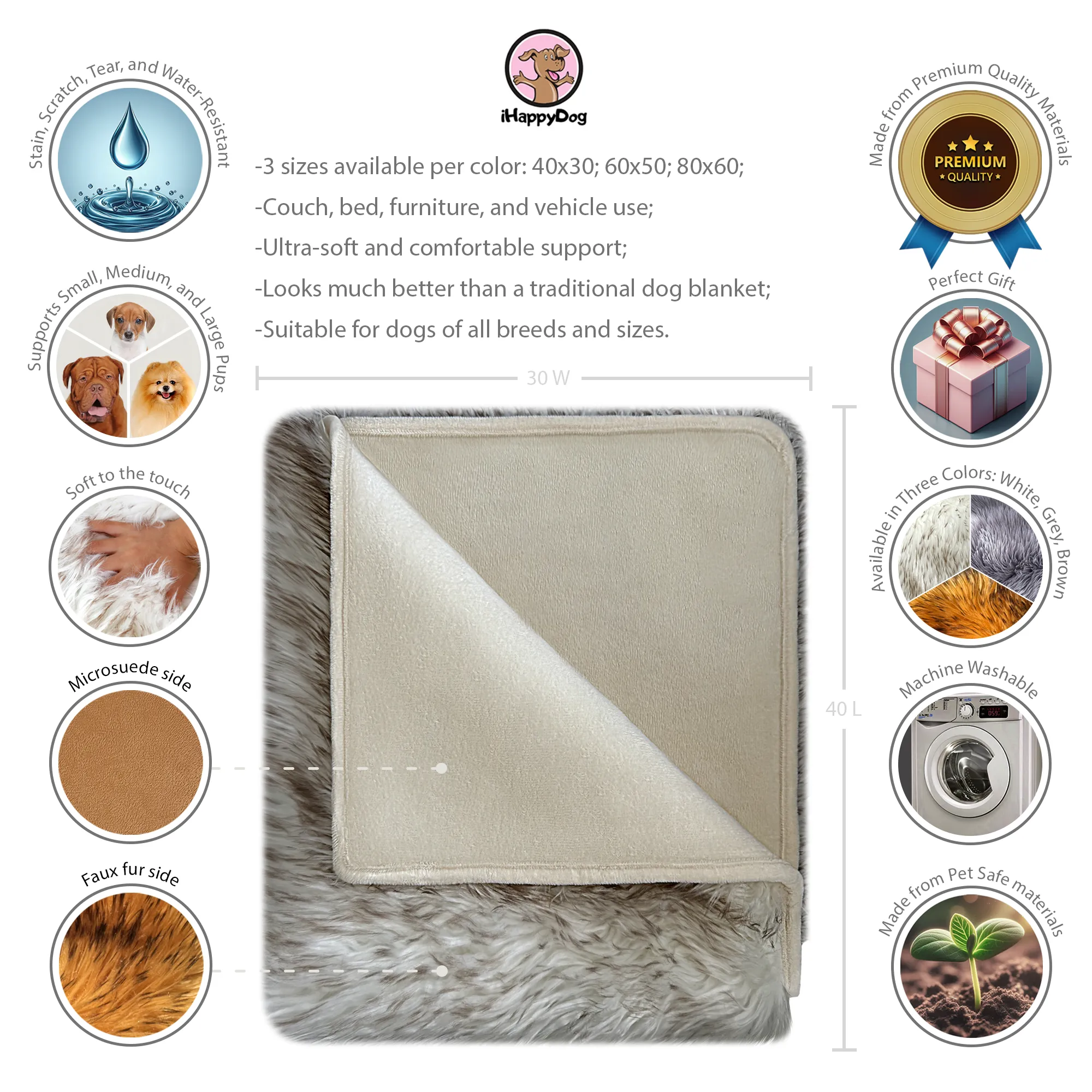 IHAPPYDOG Waterproof Faux Fur Dog Blanket, Plush Throw for Sleeping and Comfort, Couch Cover for Dogs, Pet Bed, Sofa, Car, Furniture Protector with Soft, Stain Resistant Surface, Machine Washable