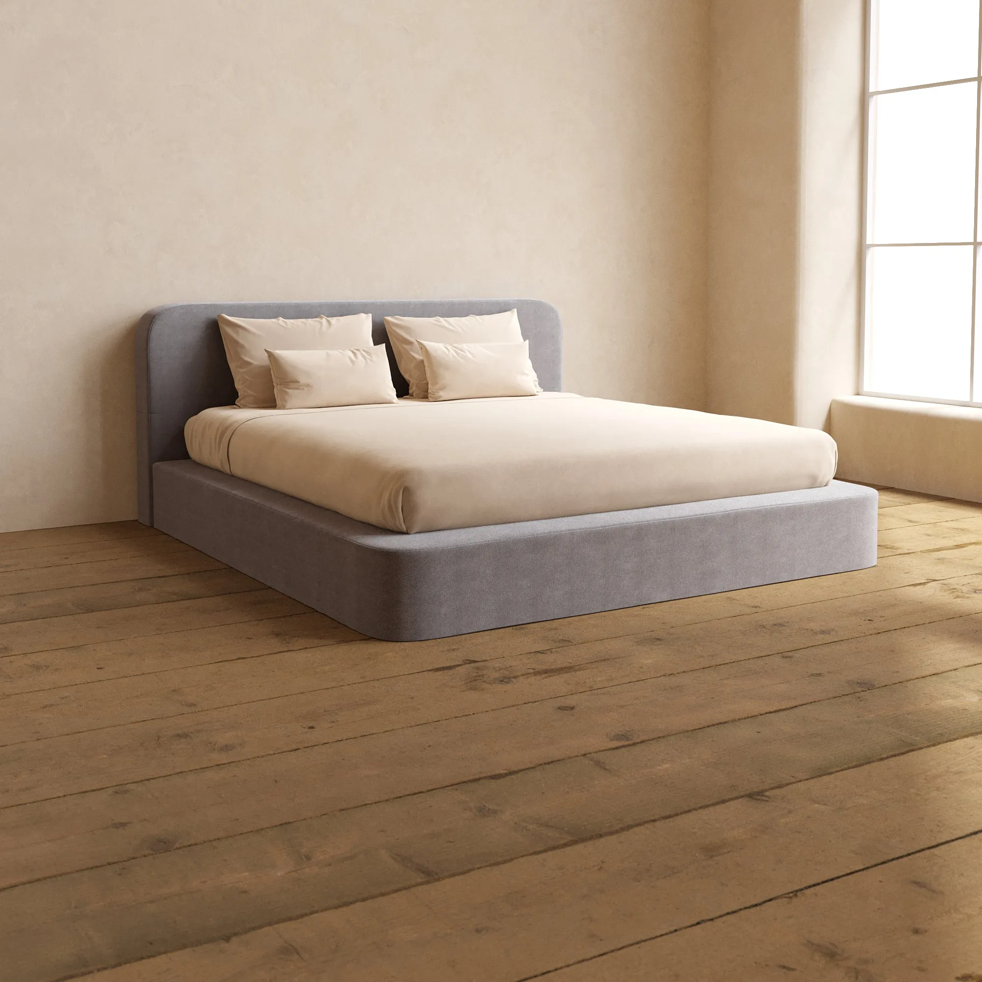 King Upholstered Platform Bed   Headboard | Plush Weave in Ash