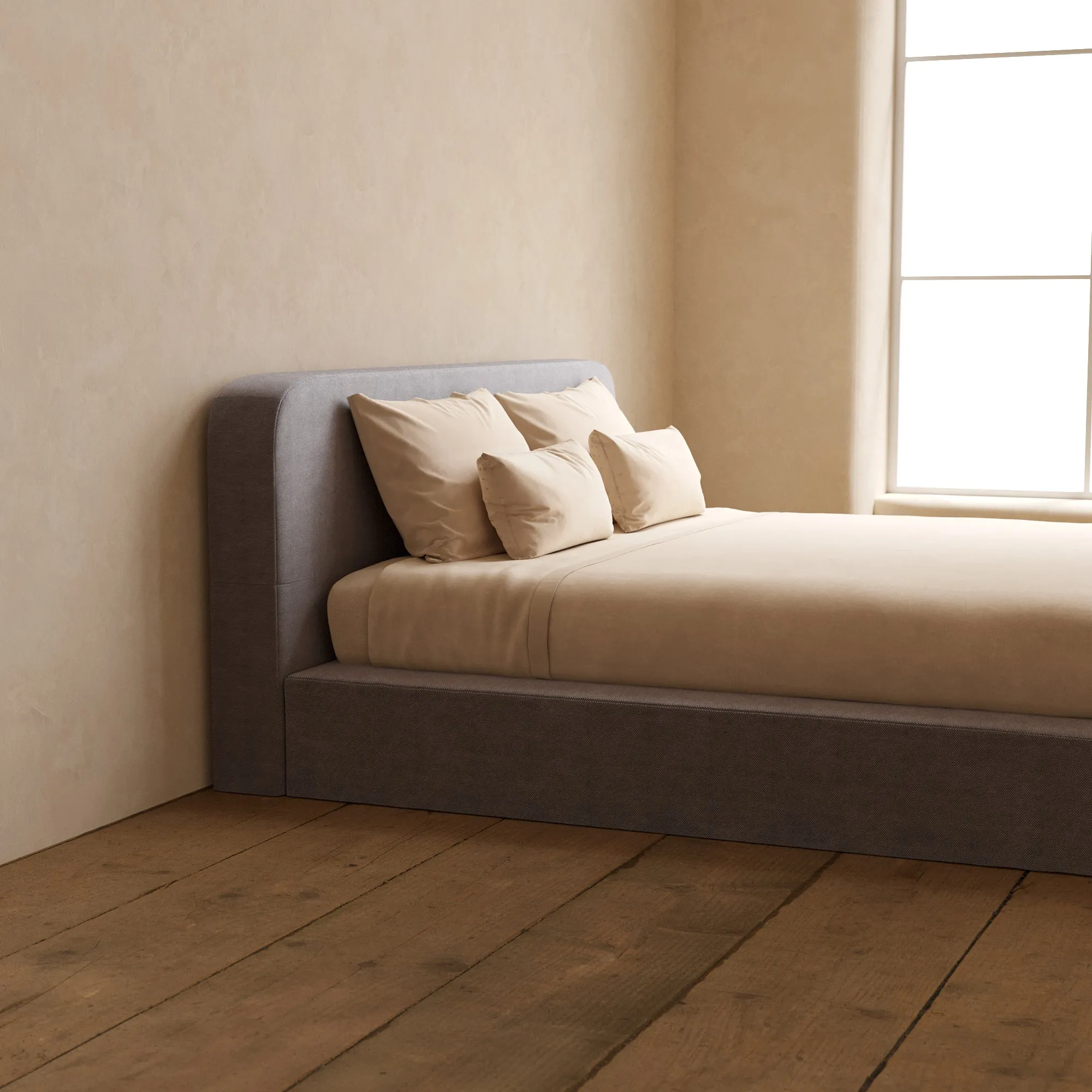 King Upholstered Platform Bed   Headboard | Plush Weave in Ash