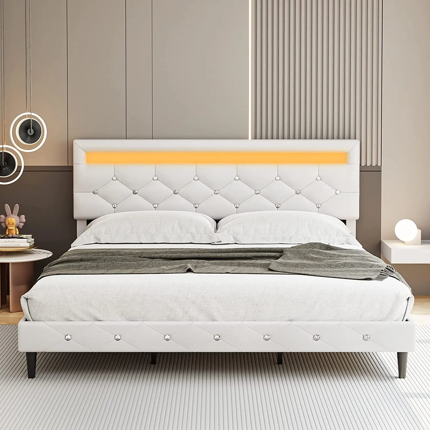 Modern Upholstered Platform Bed Frame with LED Headboard