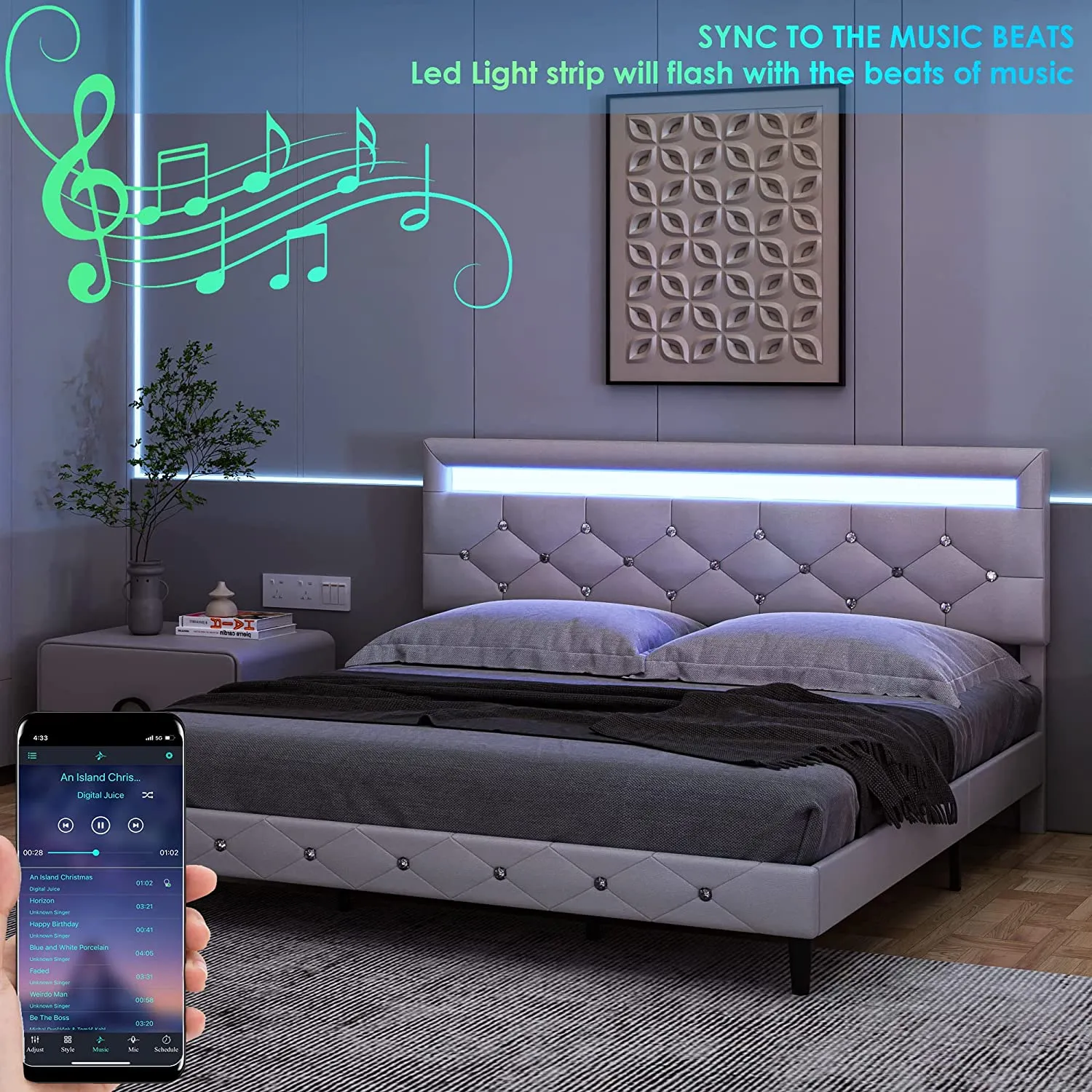 Modern Upholstered Platform Bed Frame with LED Headboard