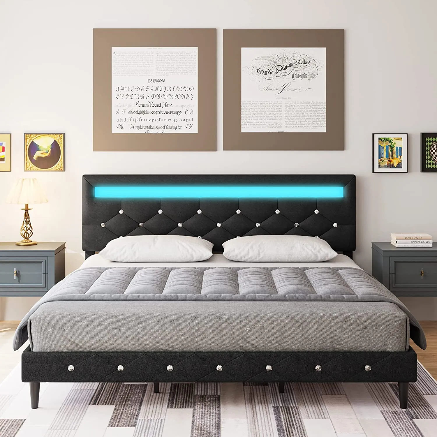 Modern Upholstered Platform Bed Frame with LED Headboard