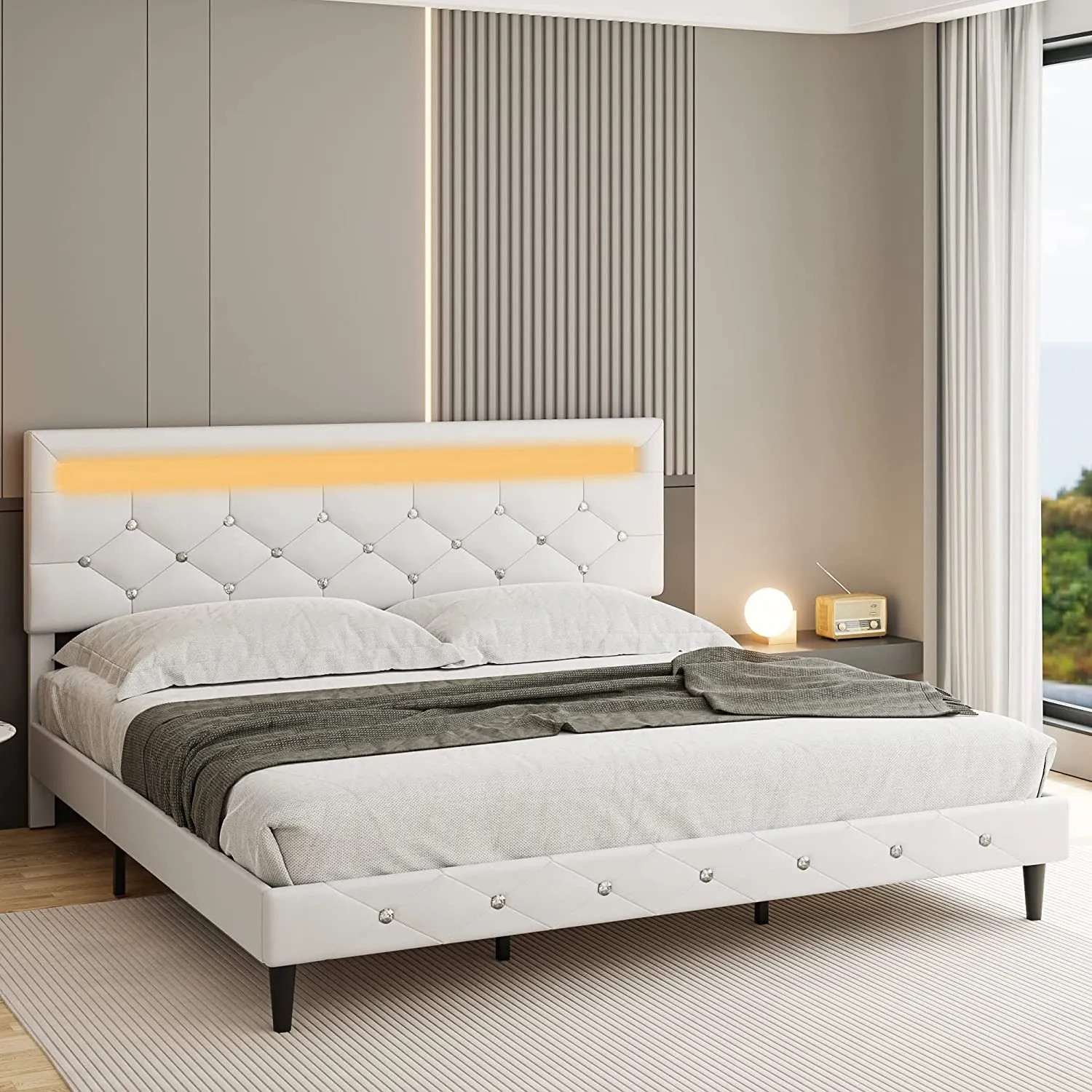 Modern Upholstered Platform Bed Frame with LED Headboard