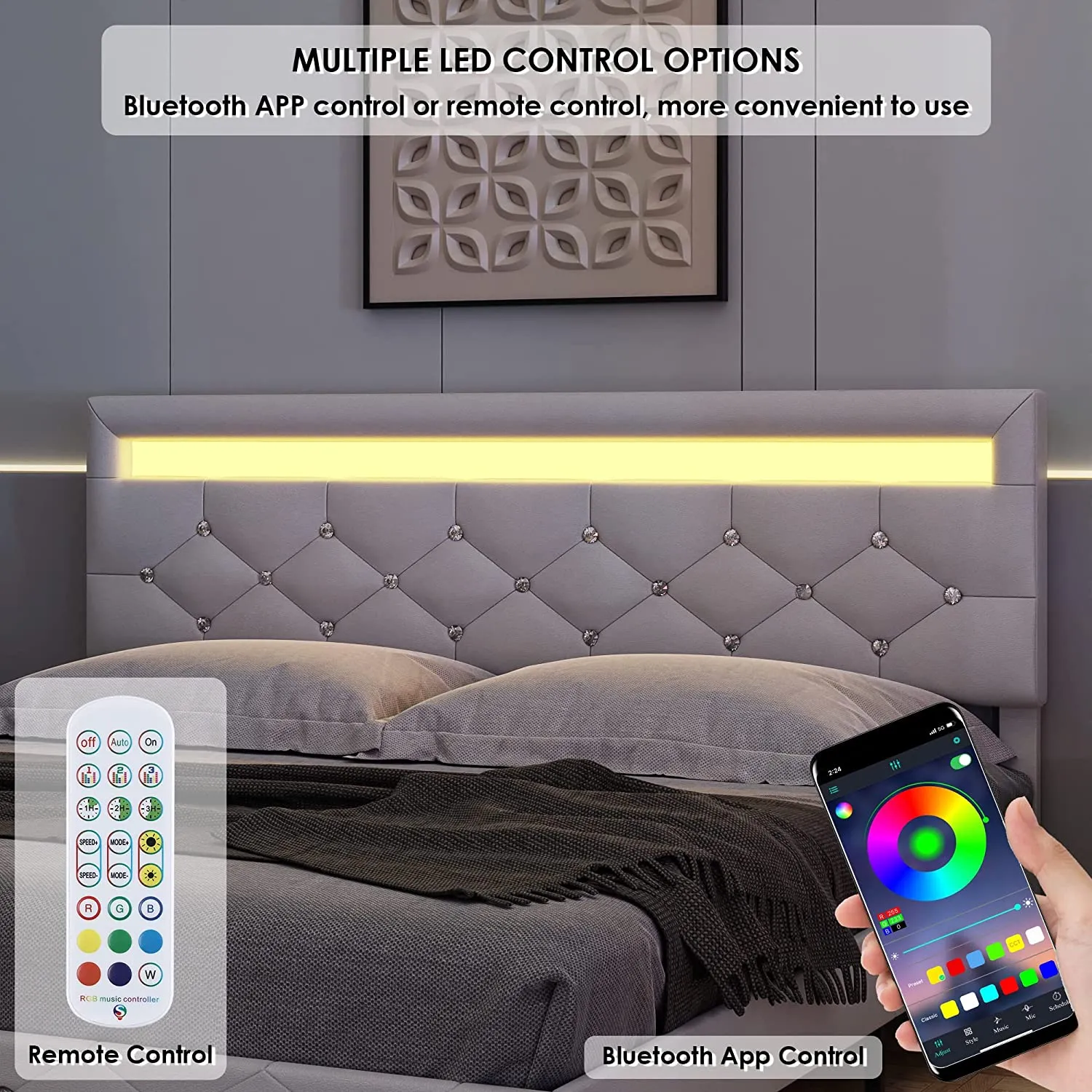 Modern Upholstered Platform Bed Frame with LED Headboard
